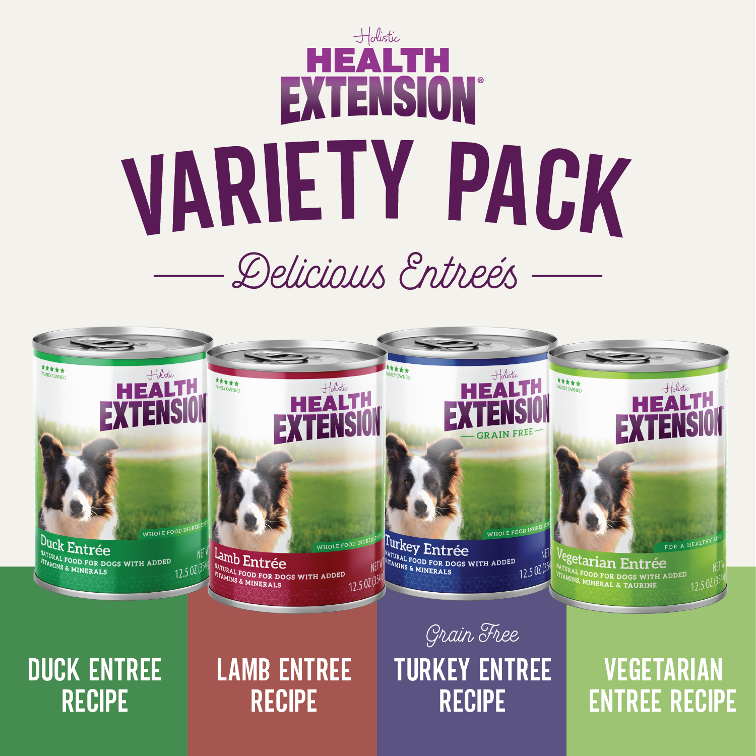 Four cans from Health Extension’s Entrée Variety Pack—Duck, Lamb, Turkey, and Vegetarian—are shown side by side, each grain-free with colorful labels featuring dog images.