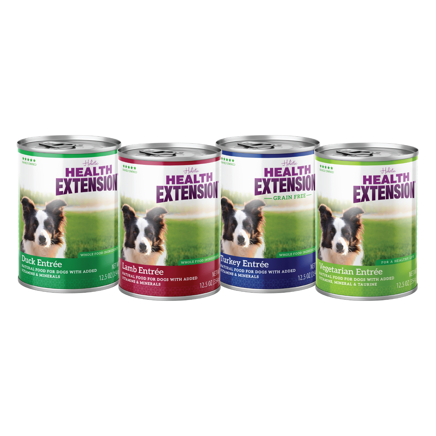 Four cans from Health Extension’s Entrée Variety Pack—Duck, Lamb, Turkey, and Vegetarian—are shown side by side, each grain-free with colorful labels featuring dog images.