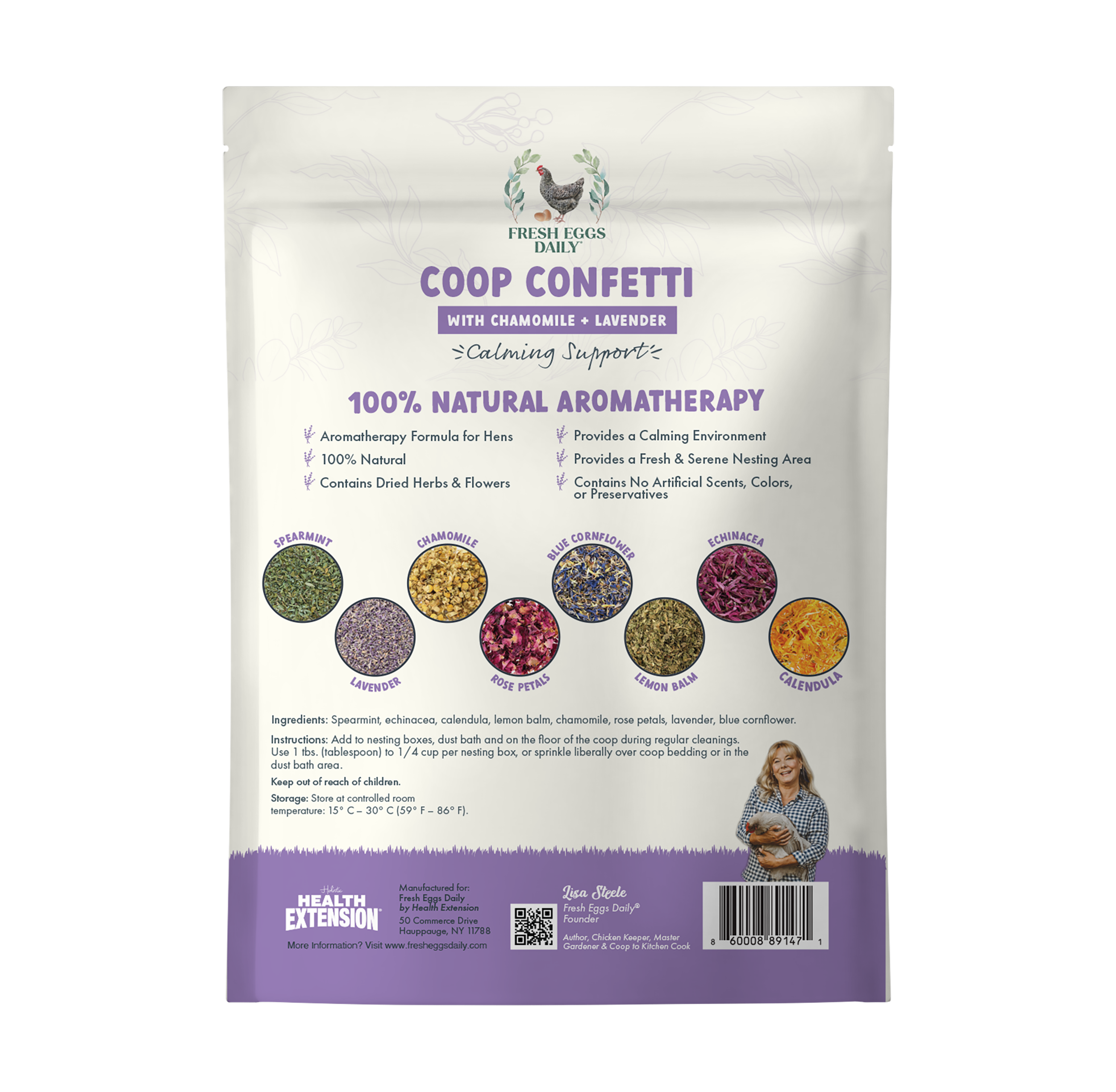 Fresh Eggs Daily Shop’s Coop Confetti Nesting Herbs 8 oz. is a dried blend with chamomile and lavender for chickens, providing calming and hygienic benefits. The white and purple packaging shows a chicken and herbs illustration.