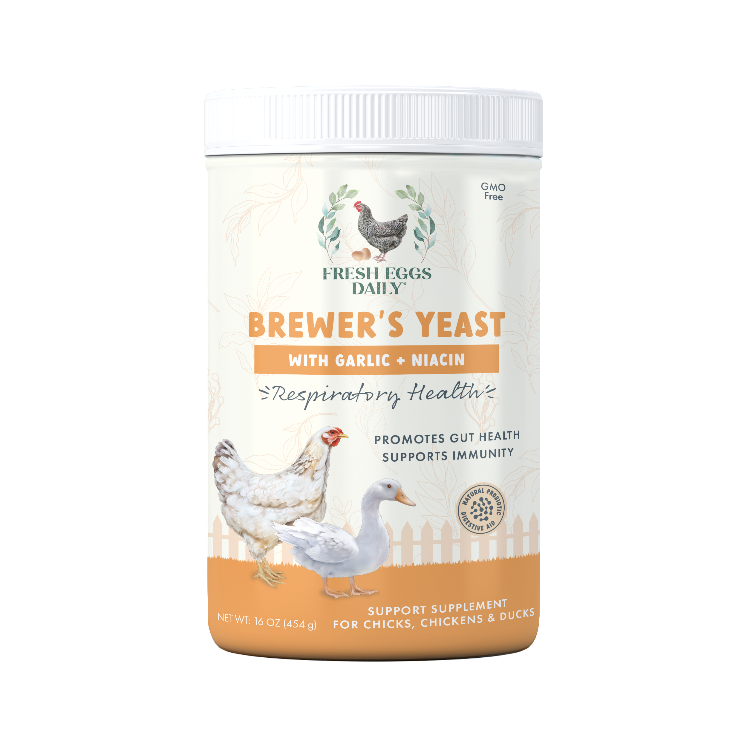 A container of Fresh Eggs Daily Shop Brewers Yeast with Garlic, Chicken & Duck Supplement—its label shows chickens and a duck, and promotes gut health, immunity, and respiratory support for chicks, chickens, and ducks.
