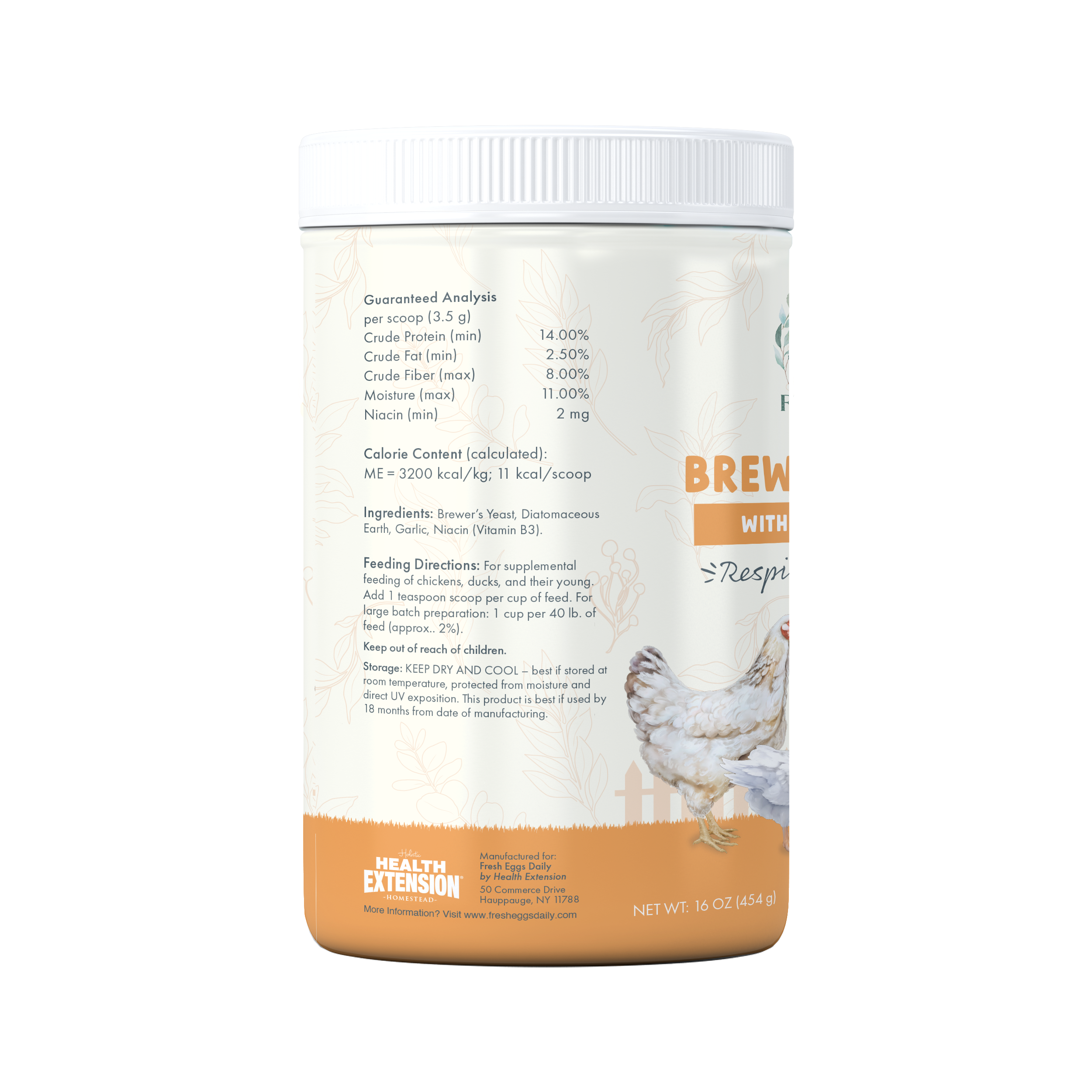 A container of Fresh Eggs Daily Shop Brewers Yeast with Garlic, Chicken & Duck Supplement—its label shows chickens and a duck, and promotes gut health, immunity, and respiratory support for chicks, chickens, and ducks.
