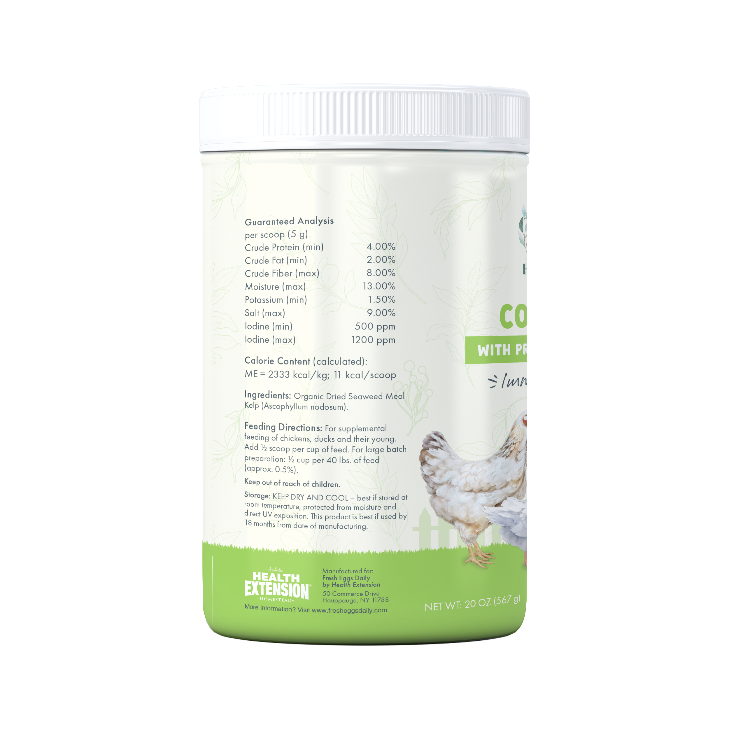 A container of Fresh Eggs Daily Coop Kelp Organic Chicken & Duck Supplement by Fresh Eggs Daily Shop, labeled for chicks, chickens, and ducks with a chicken, duck, and white fence on the label. Supports immunity and improves egg quality.