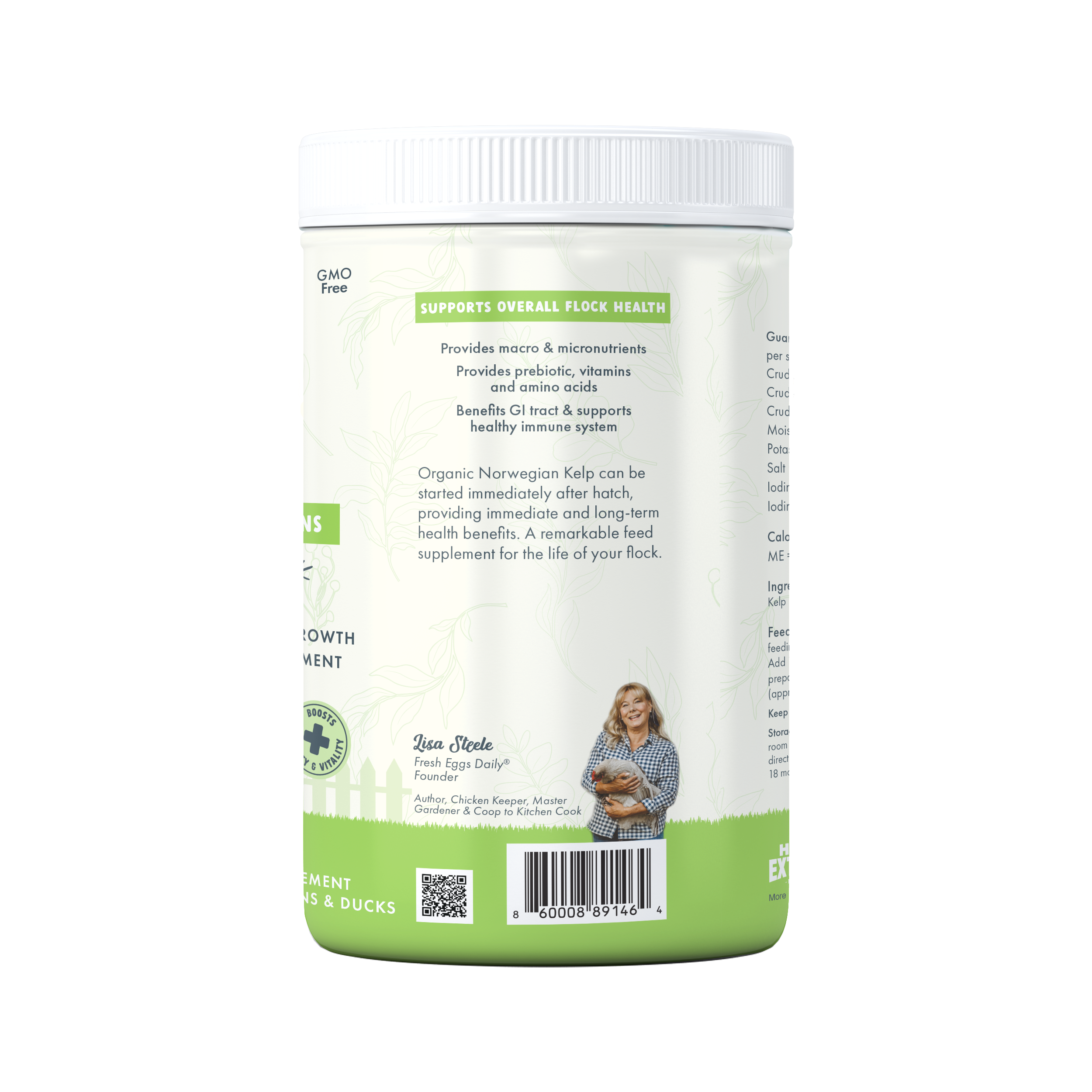 A container of Fresh Eggs Daily Coop Kelp Organic Chicken & Duck Supplement by Fresh Eggs Daily Shop, labeled for chicks, chickens, and ducks with a chicken, duck, and white fence on the label. Supports immunity and improves egg quality.