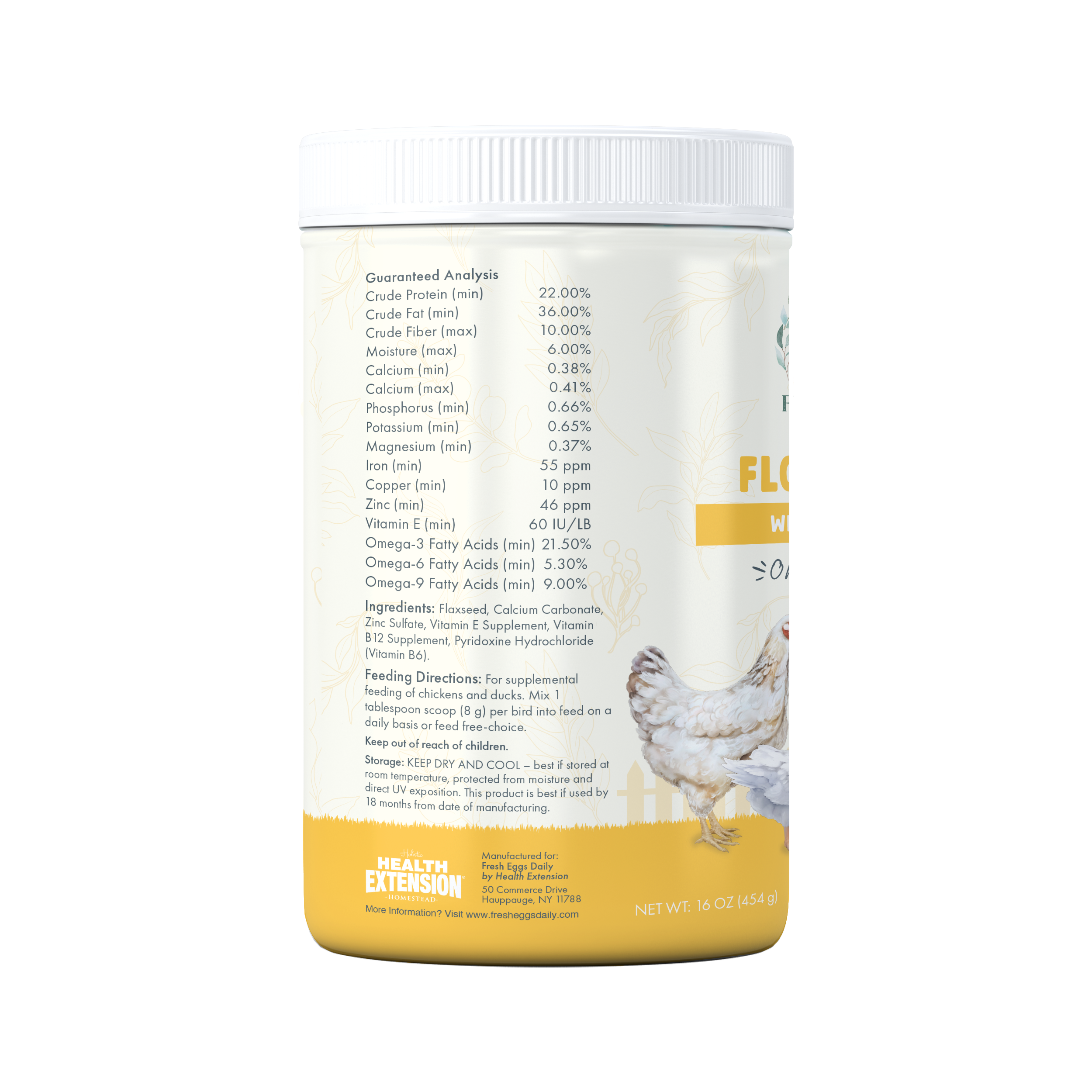 Fresh Eggs Daily Shop’s Flock Flax Chicken & Duck Feed Supplement provides an omega boost for strong feathers and better egg quality, and is designed for chicks, chickens, and ducks.