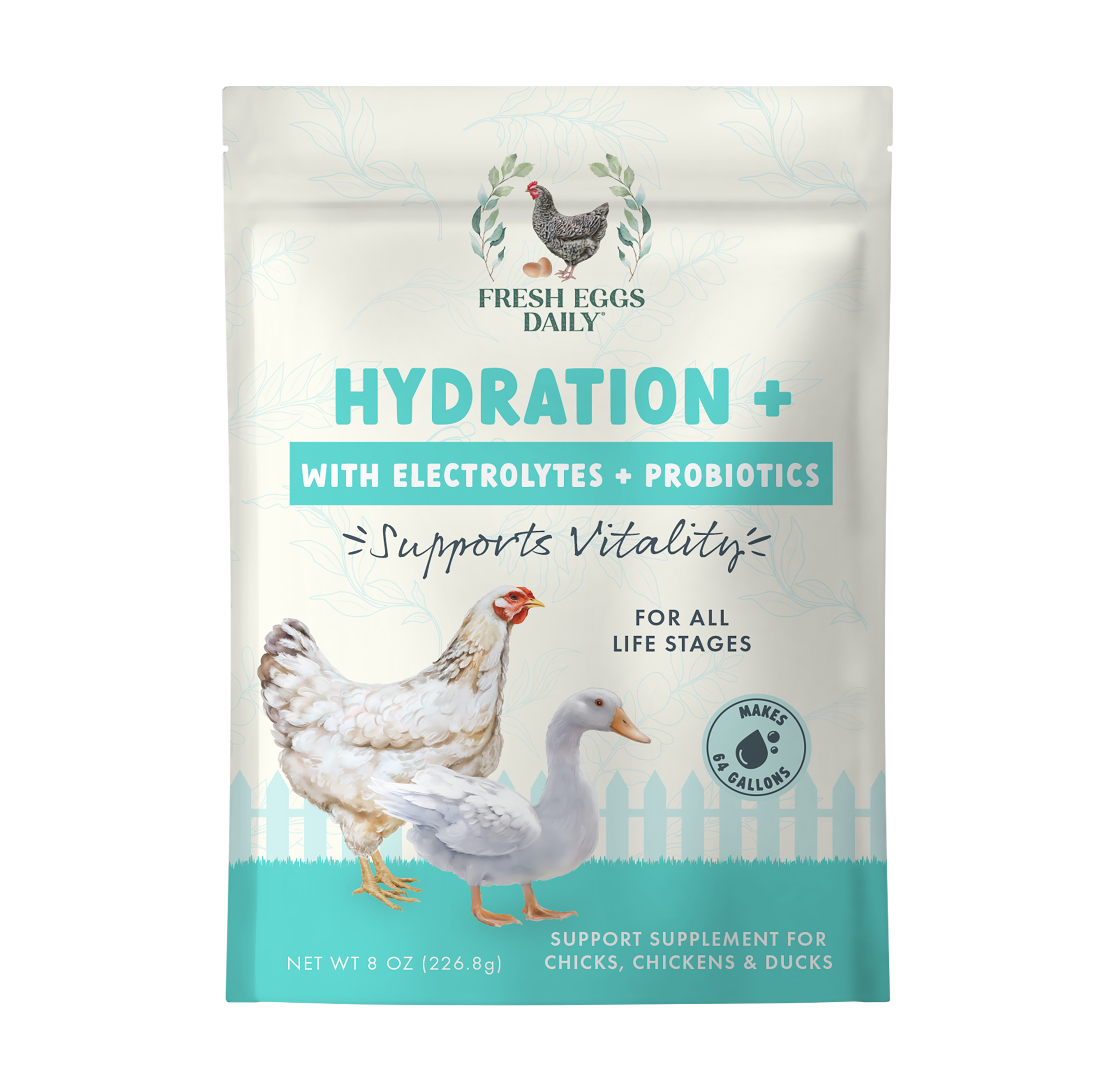 A package of Fresh Eggs Daily Shop Hydration + 3 in 1 Electrolyte, Probiotic, Vitamins supports all poultry life stages, features a chicken and duck on the label, includes probiotics for chicks, and makes 2 gallons.