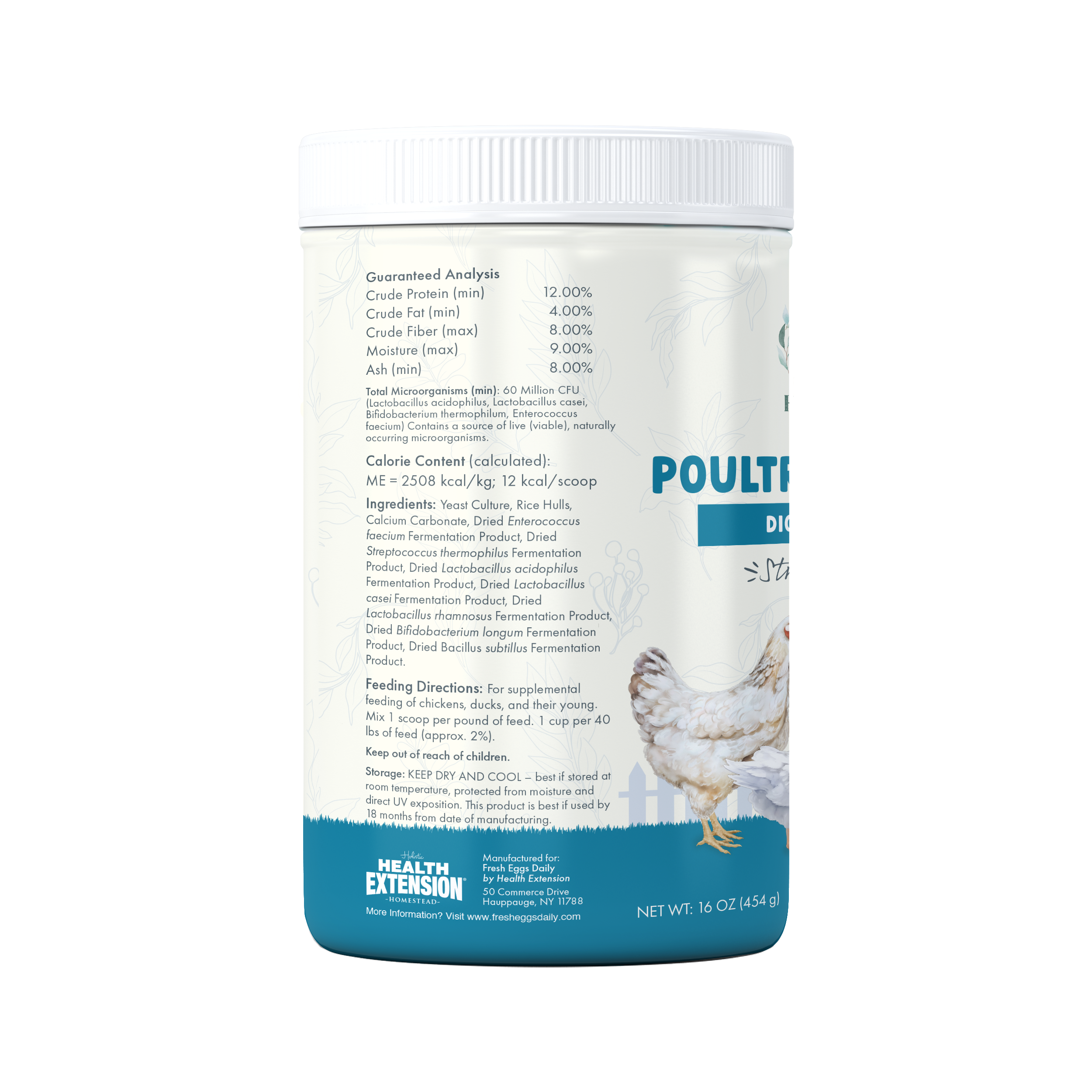 A container of Fresh Eggs Daily Shop Fresh Eggs Daily Poultry Probiotics Balanced Mix Chicken & Duck Supplement features chicken and duck illustrations and is labeled for digestive support, stress relief, and natural immunity for chicks, chickens, and ducks.
