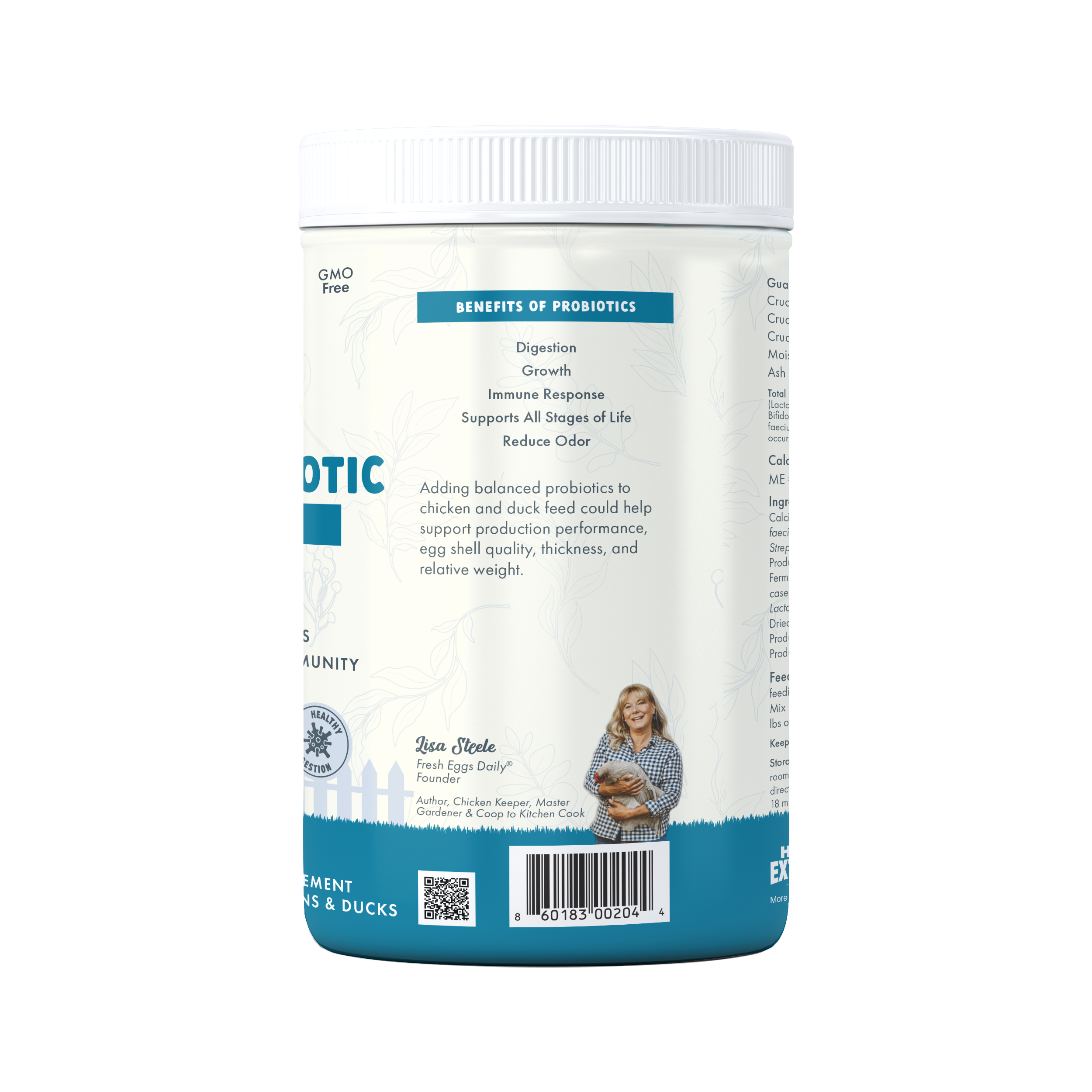 A container of Fresh Eggs Daily Shop Fresh Eggs Daily Poultry Probiotics Balanced Mix Chicken & Duck Supplement features chicken and duck illustrations and is labeled for digestive support, stress relief, and natural immunity for chicks, chickens, and ducks.