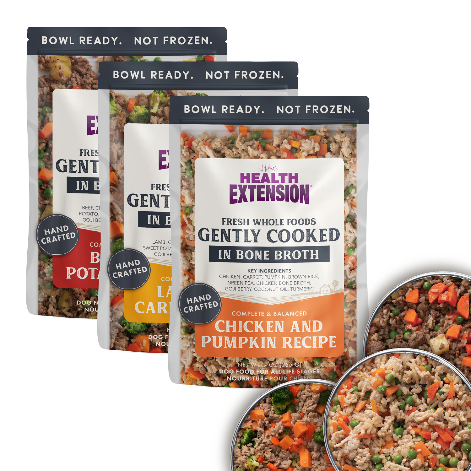 The Health Extension Gently Cooked Sampler Pack is displayed with three pouches—Chicken & Pumpkin, Beef & Potato, and Turkey & Carrot recipes in bone broth—plus two bowls of these fresh dog meals shown in front.