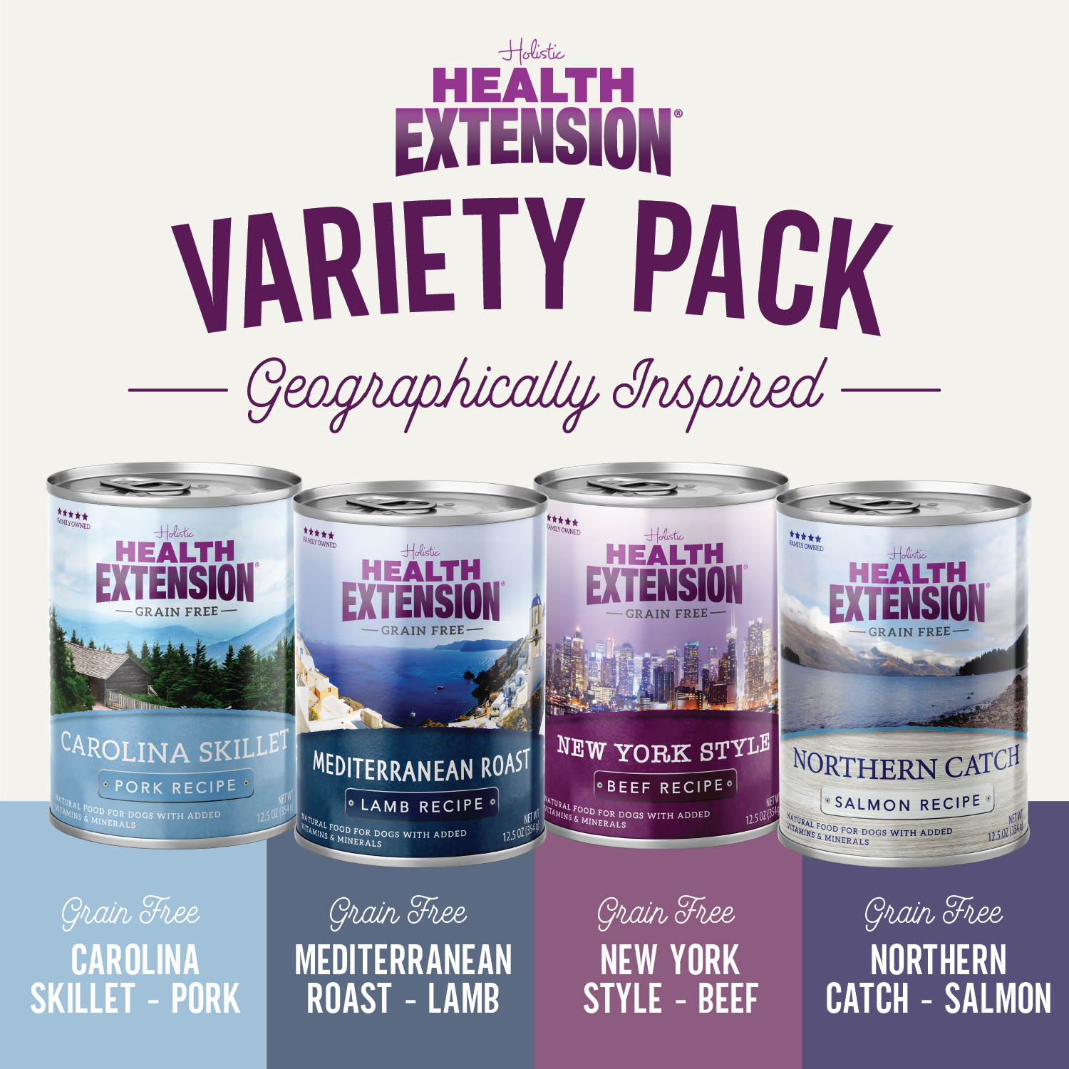 Four cans of Health Extension Grain Free Geo Variety Pack are lined up, showcasing Mediterranean Roast Lamb, New York Style Beef, Carolina Skillet Pork, and Northern Catch Salmon—each can features scenic imagery on its label.