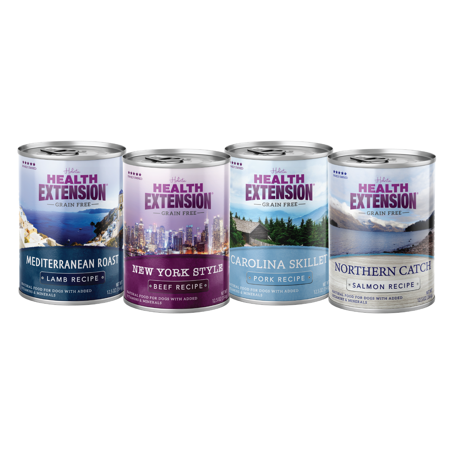 Four cans of Health Extension Grain Free Geo Variety Pack are lined up, showcasing Mediterranean Roast Lamb, New York Style Beef, Carolina Skillet Pork, and Northern Catch Salmon—each can features scenic imagery on its label.