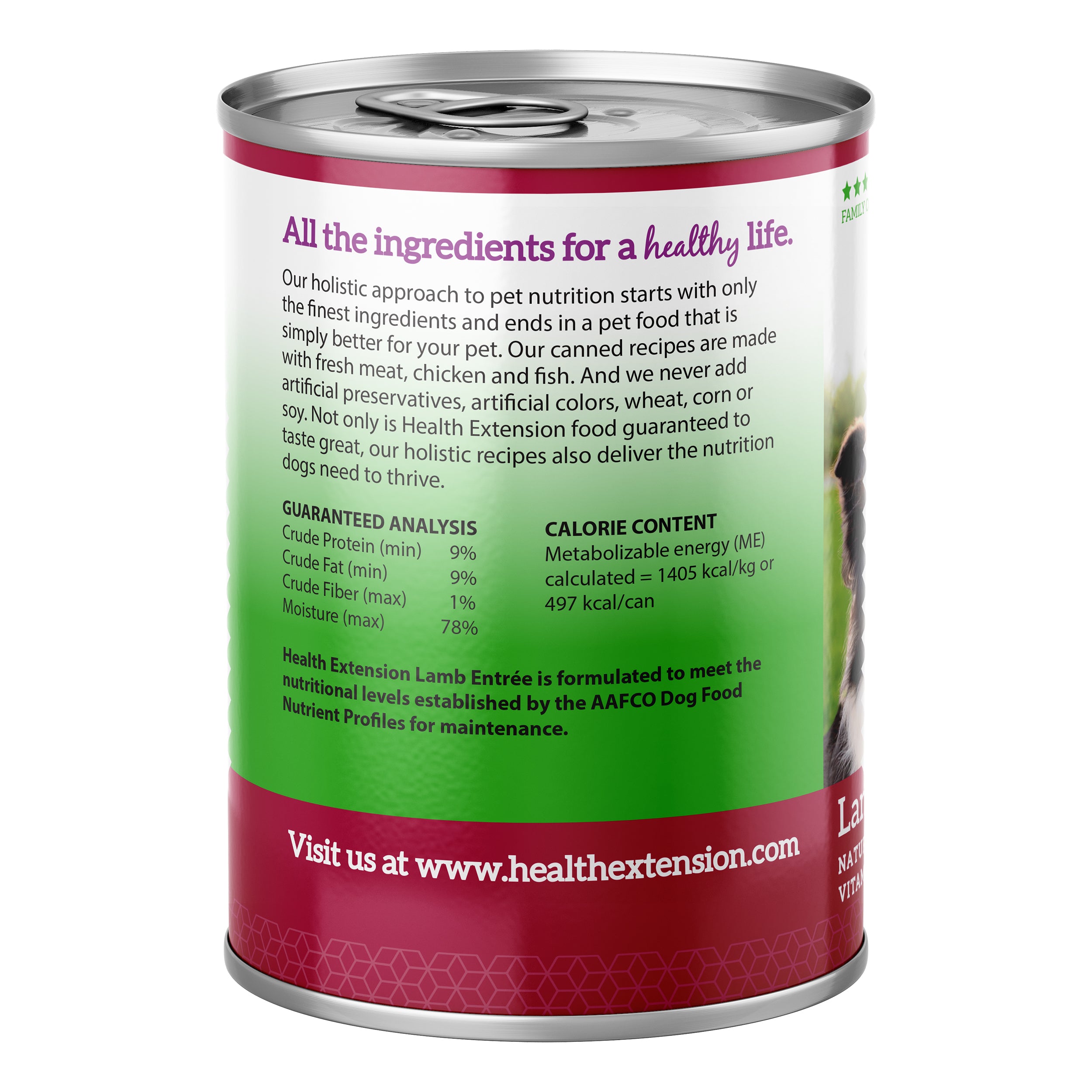 A 12.5 oz can of Health Extension Lamb Entrée dog food features a black and white dog on grassy background, highlighting holistic ingredients plus added vitamins and minerals for a wholesome meal.