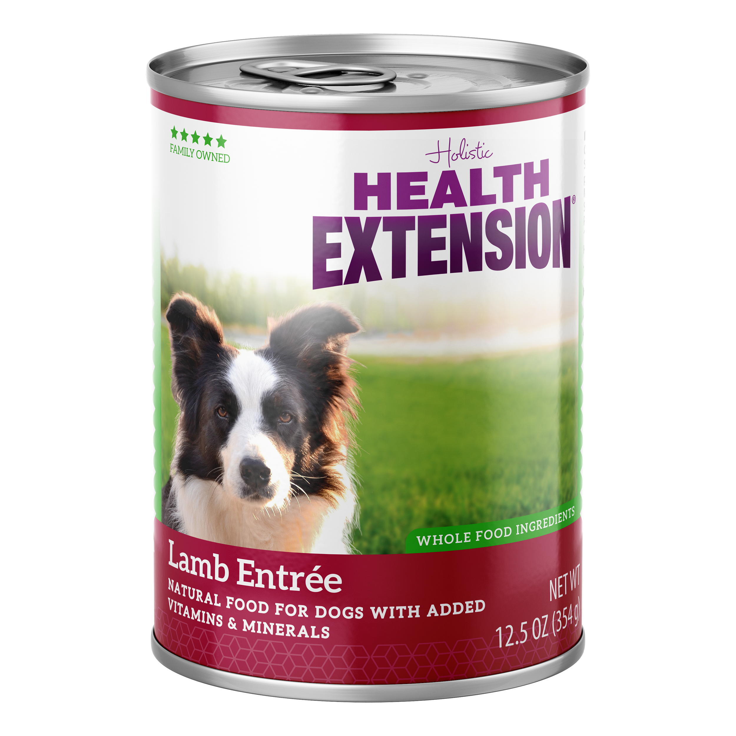 A 12.5 oz can of Health Extension Lamb Entrée dog food features a black and white dog on grassy background, highlighting holistic ingredients plus added vitamins and minerals for a wholesome meal.