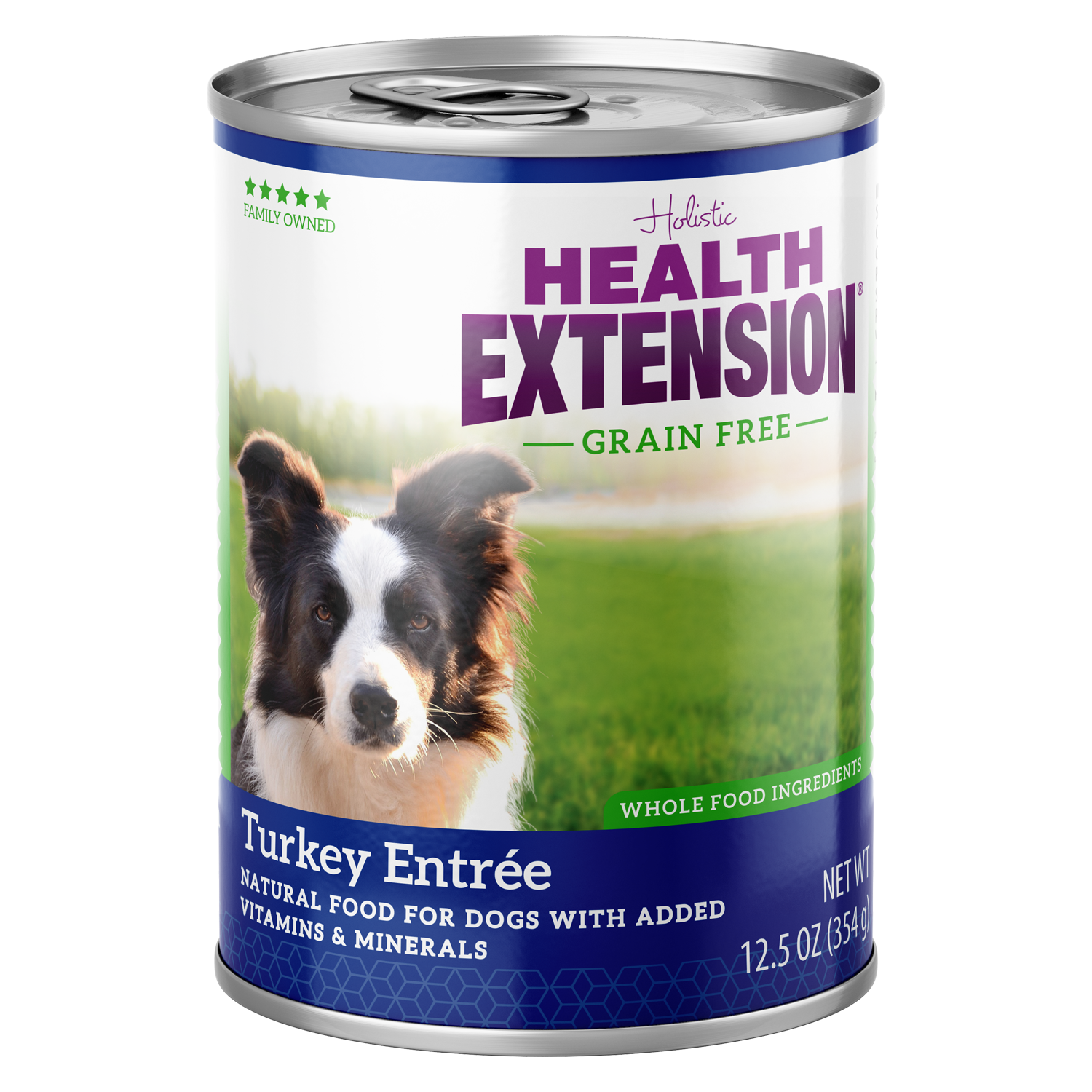 A can of Health Extension Grain Free Turkey Entrée dog food, featuring a photo of a black and white Border Collie. 