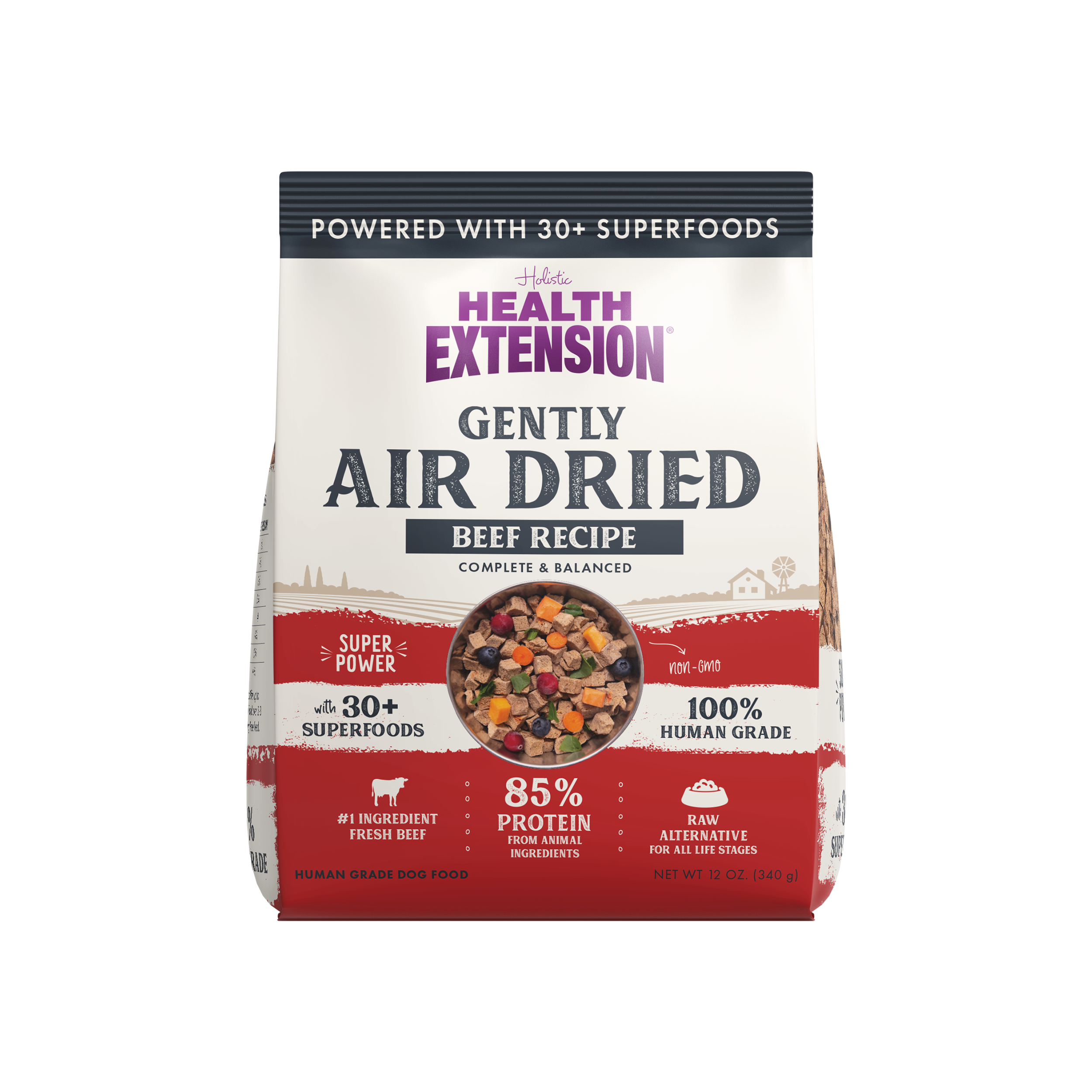 A bag of Health Extension Air Dried Complete Beef Recipe dog food, boasting 30+ superfoods, 85% animal protein, 100% human grade ingredients, and a front image showcasing the superfood blend.