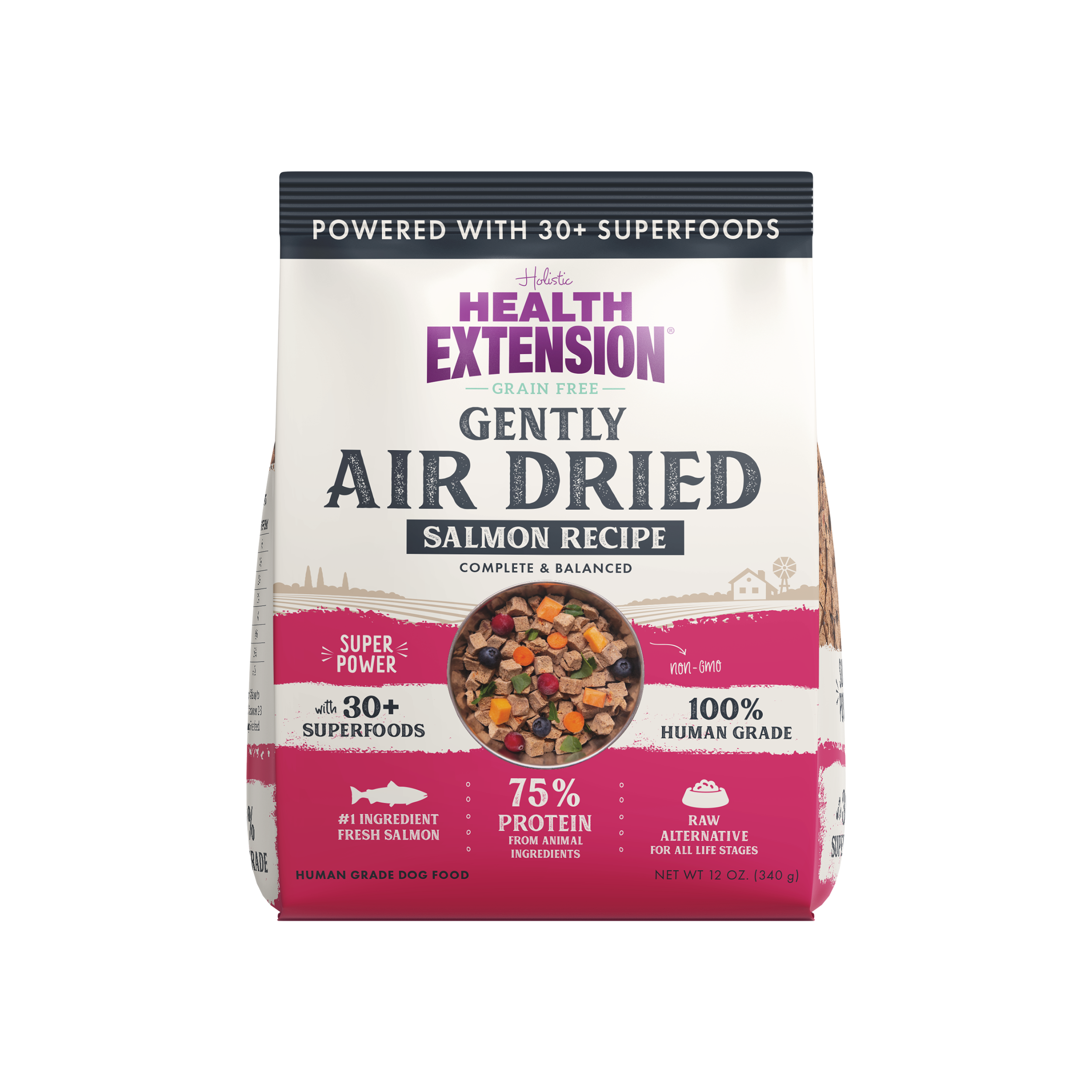 Health Extension Air Dried Complete Salmon Recipe is a grain-free dog food with 30+ superfoods, 75% animal protein, and made to 100% human-grade standards.