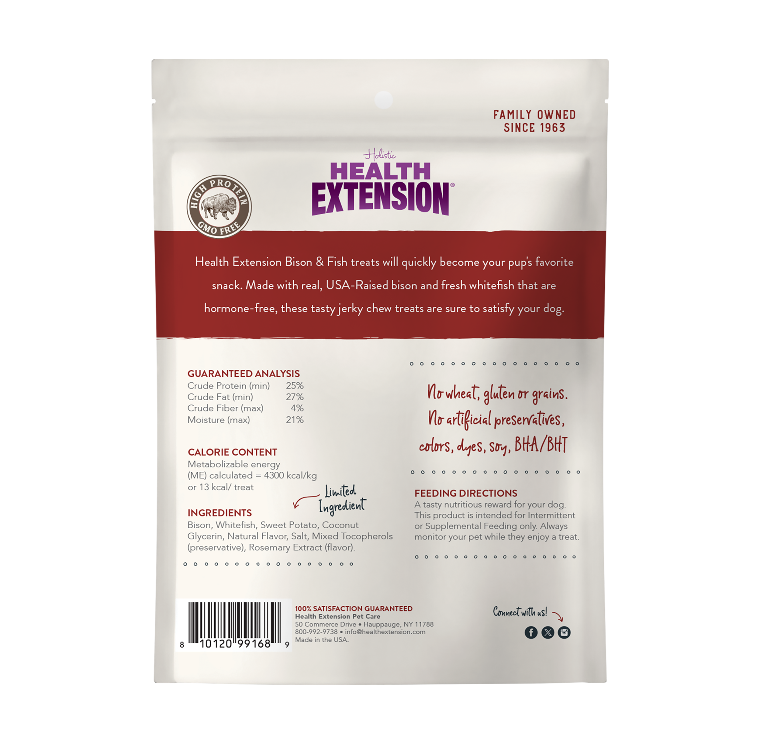 Bison & Fish Jerky 14oz back of bag showing calories, ingredients, feeding directions, etc.