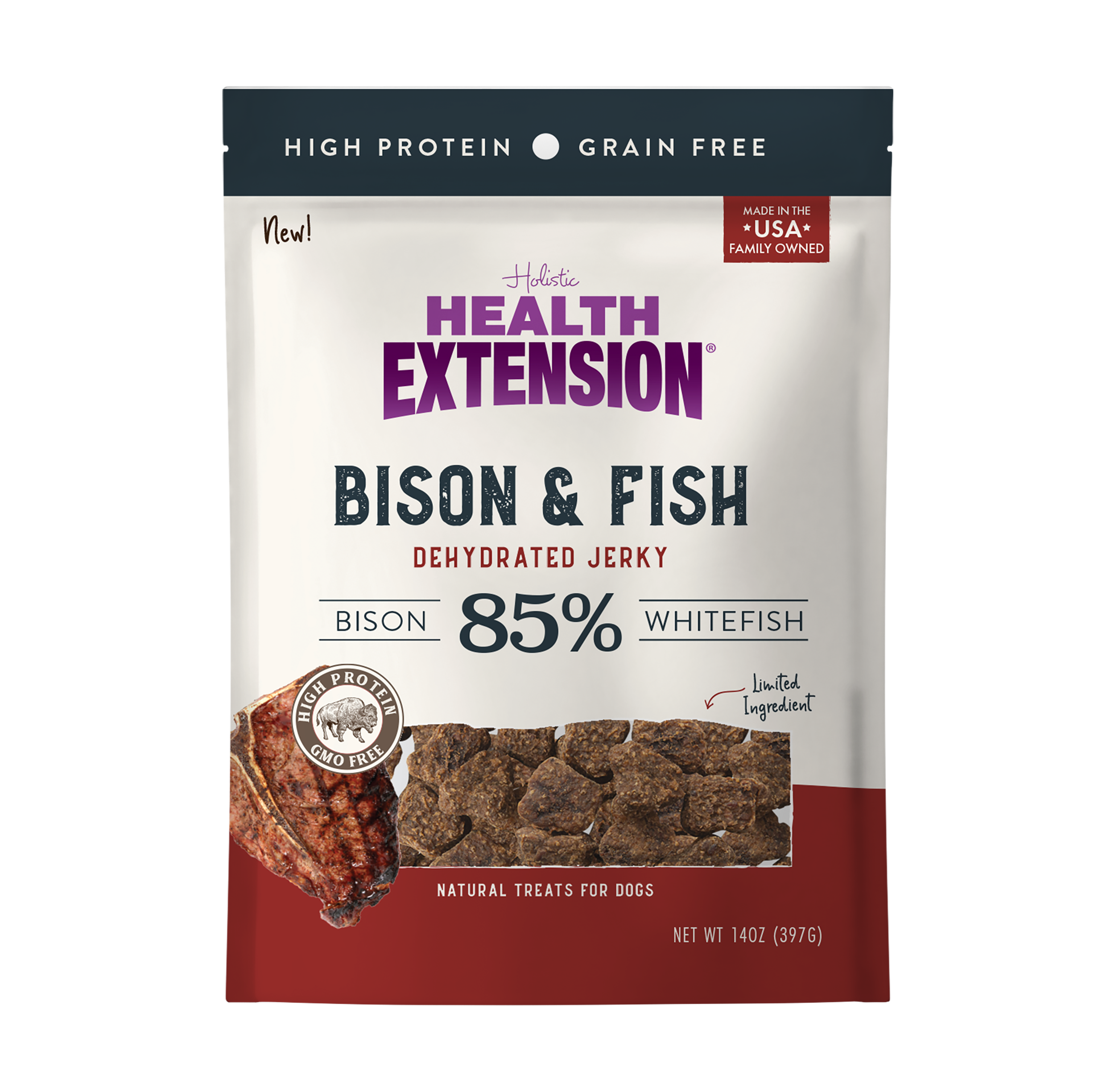 Bison & Fish Jerky 14oz front of bag showing the natural treats