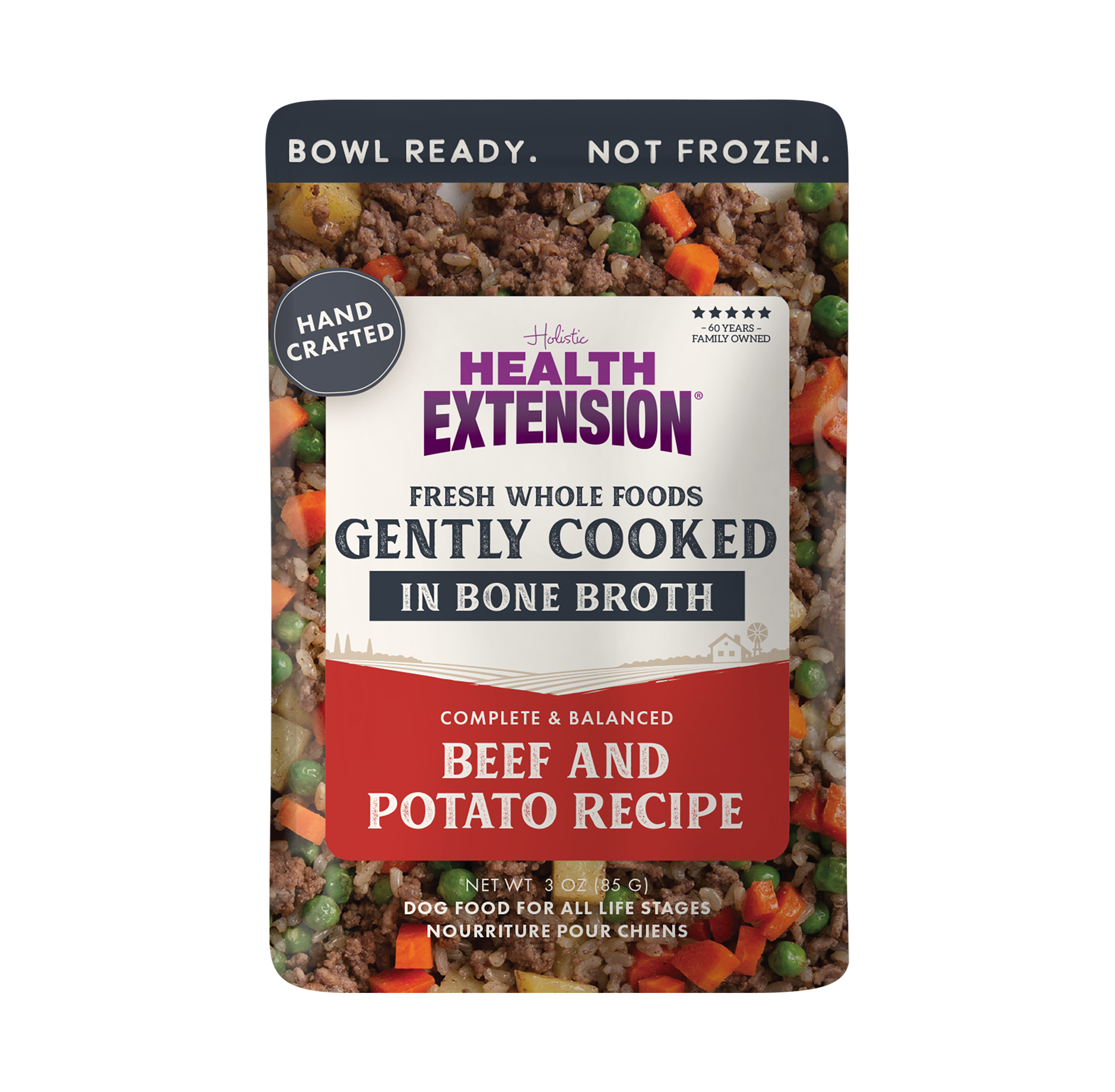 Eight pouches from the Health Extension Gently Cooked 3oz Variety Pack are displayed in a row, each labeled "Gently Cooked in Bone Broth" with circular windows revealing the superfood dog meals inside.
