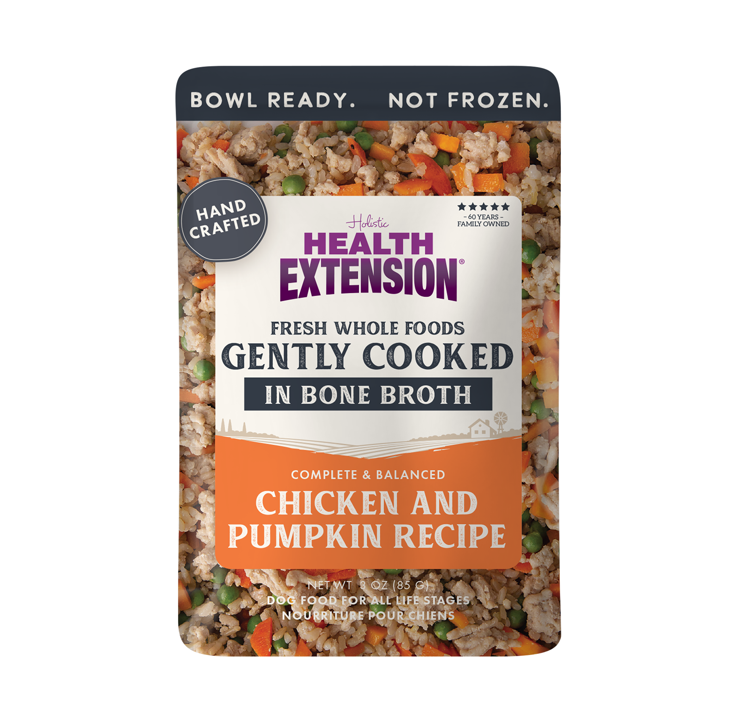 Eight pouches from the Health Extension Gently Cooked 3oz Variety Pack are displayed in a row, each labeled "Gently Cooked in Bone Broth" with circular windows revealing the superfood dog meals inside.