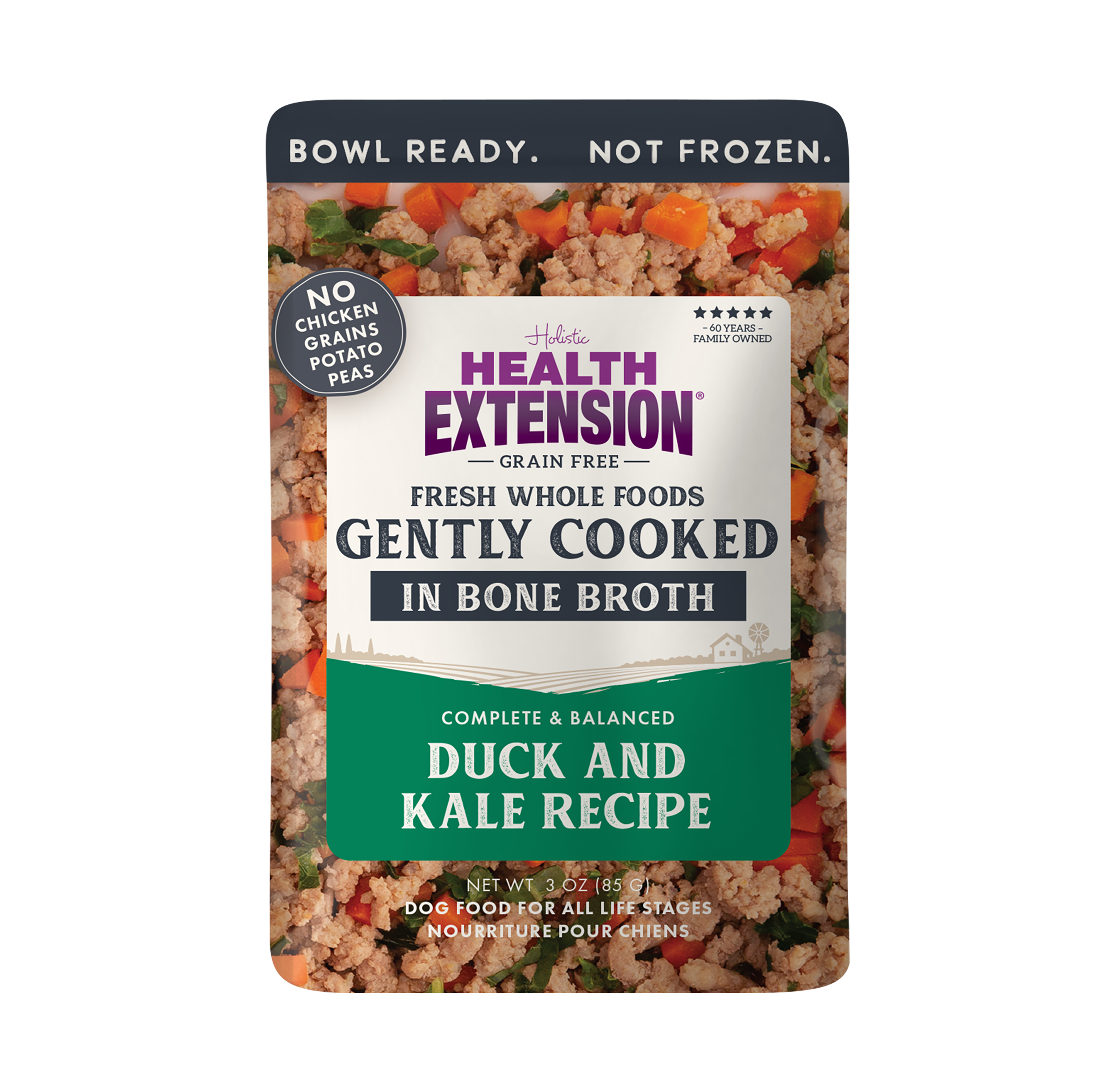 Eight pouches from the Health Extension Gently Cooked 3oz Variety Pack are displayed in a row, each labeled "Gently Cooked in Bone Broth" with circular windows revealing the superfood dog meals inside.