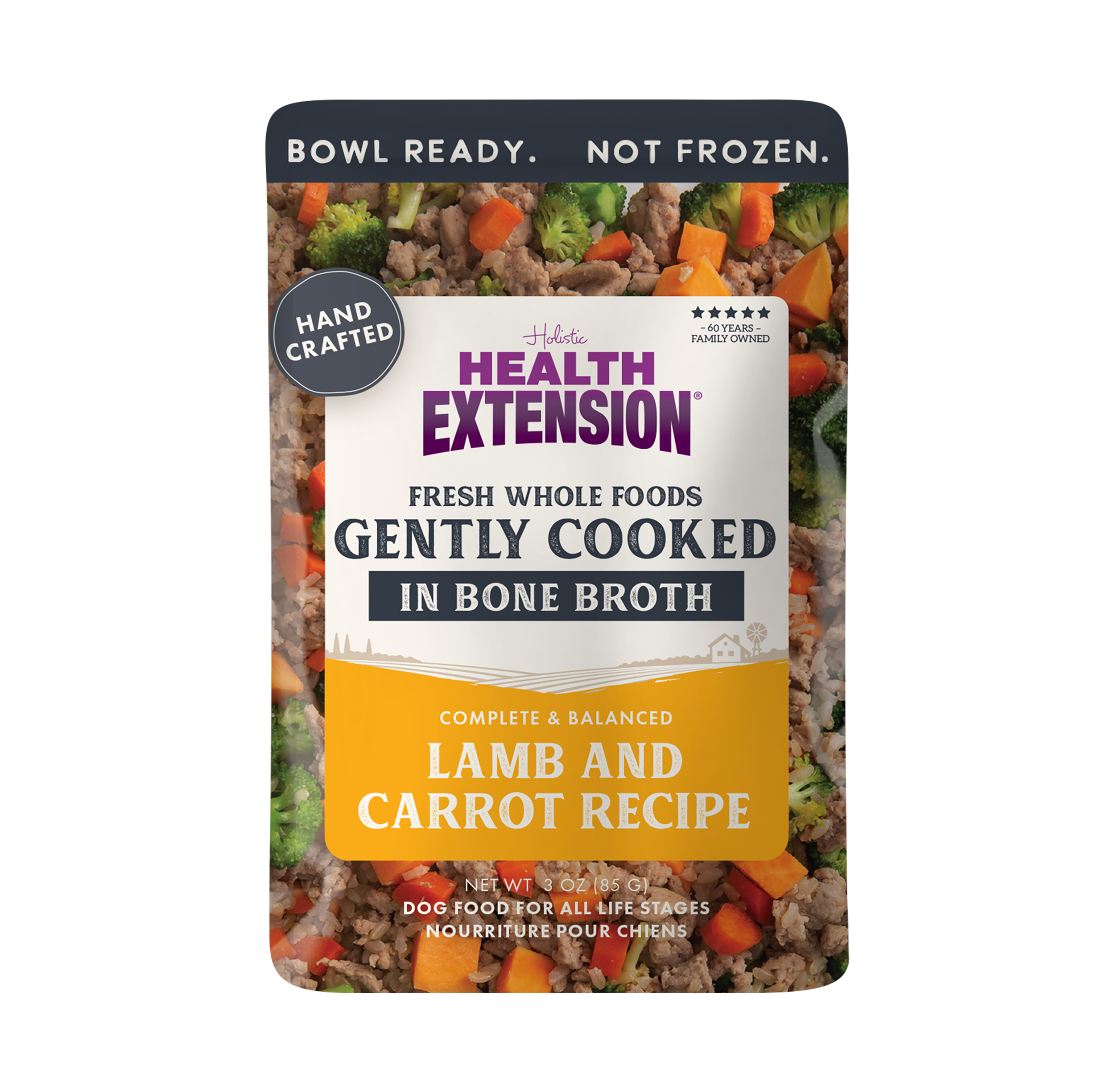 Eight pouches from the Health Extension Gently Cooked 3oz Variety Pack are displayed in a row, each labeled "Gently Cooked in Bone Broth" with circular windows revealing the superfood dog meals inside.