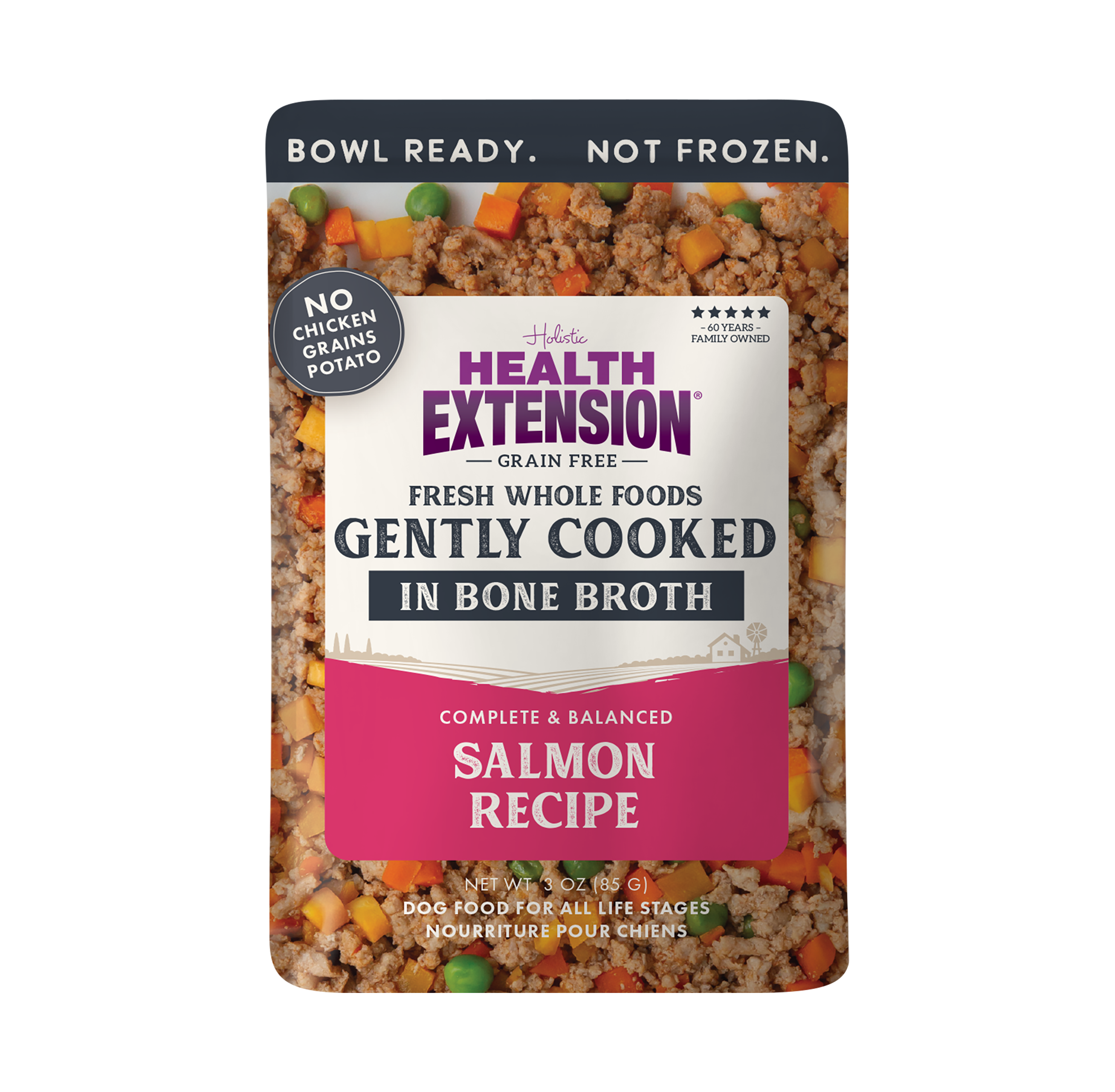 Eight pouches from the Health Extension Gently Cooked 3oz Variety Pack are displayed in a row, each labeled "Gently Cooked in Bone Broth" with circular windows revealing the superfood dog meals inside.