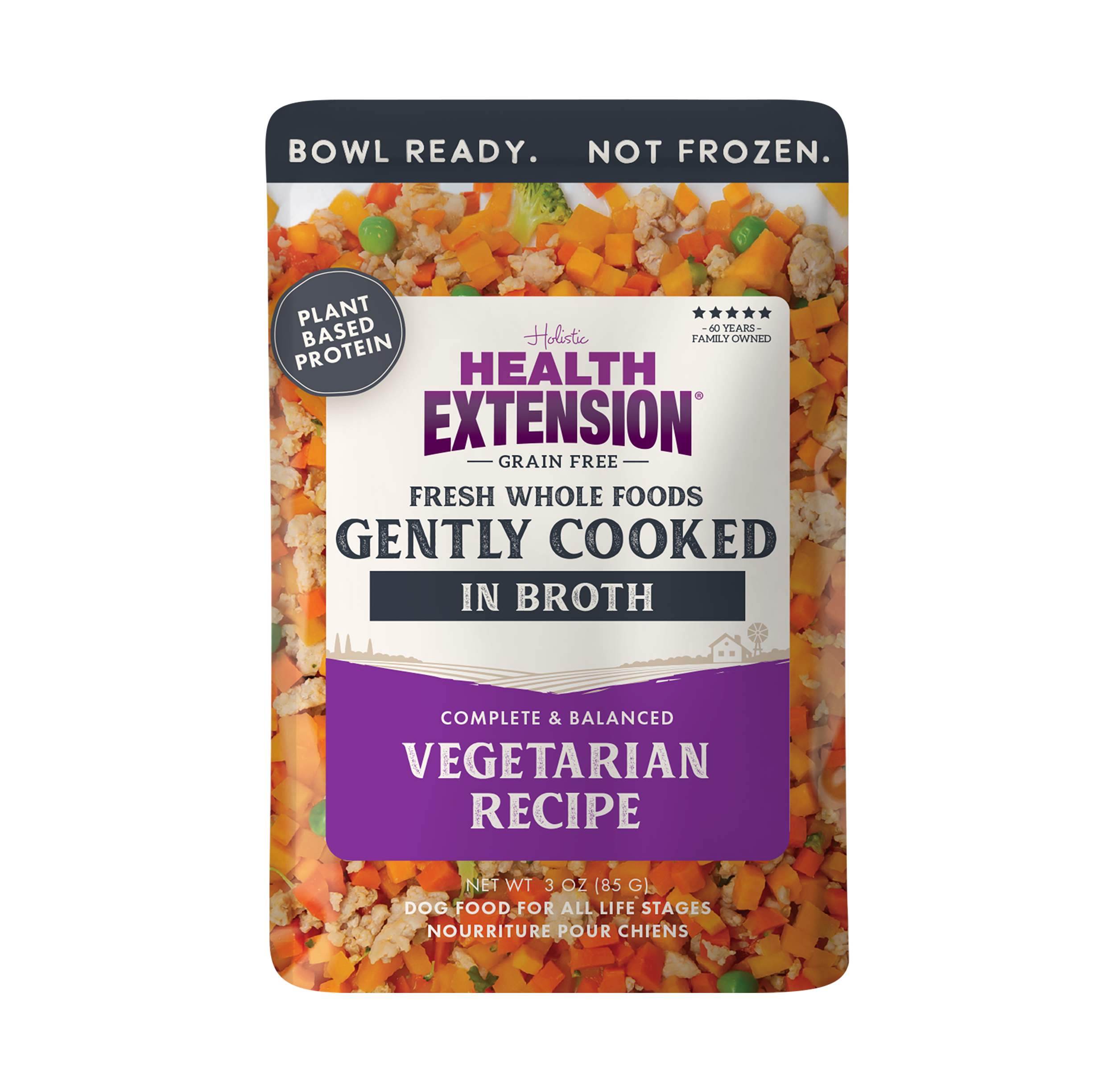 Eight pouches from the Health Extension Gently Cooked 3oz Variety Pack are displayed in a row, each labeled "Gently Cooked in Bone Broth" with circular windows revealing the superfood dog meals inside.