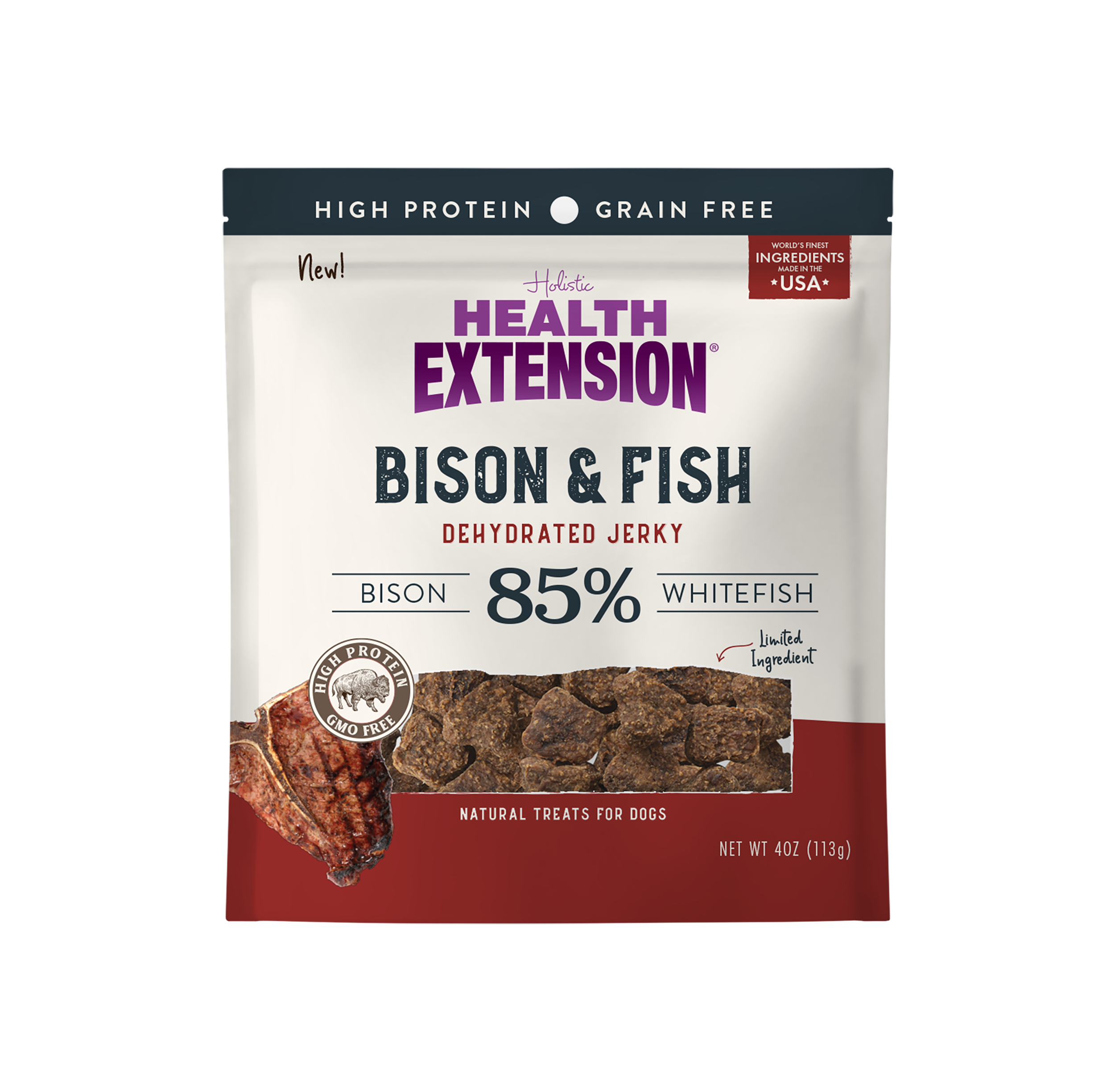 Bison & Fish Jerky 4oz front of bag showing the natural treats