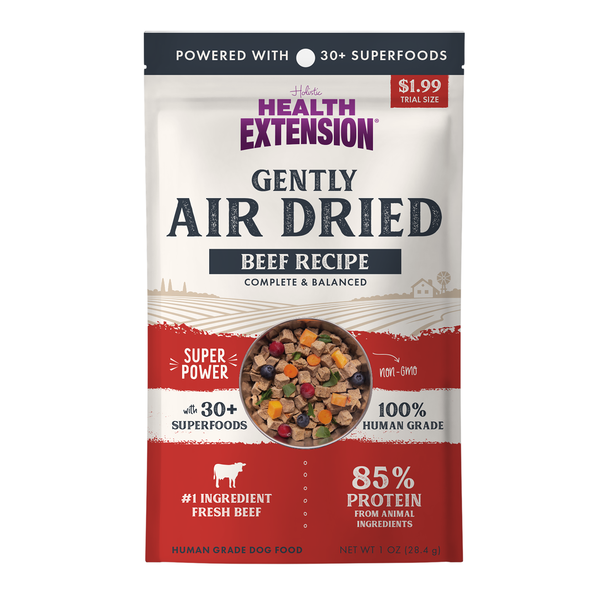 Front view of Health Extension Beef dog food, with human-grade beef and over 30 superfoods.