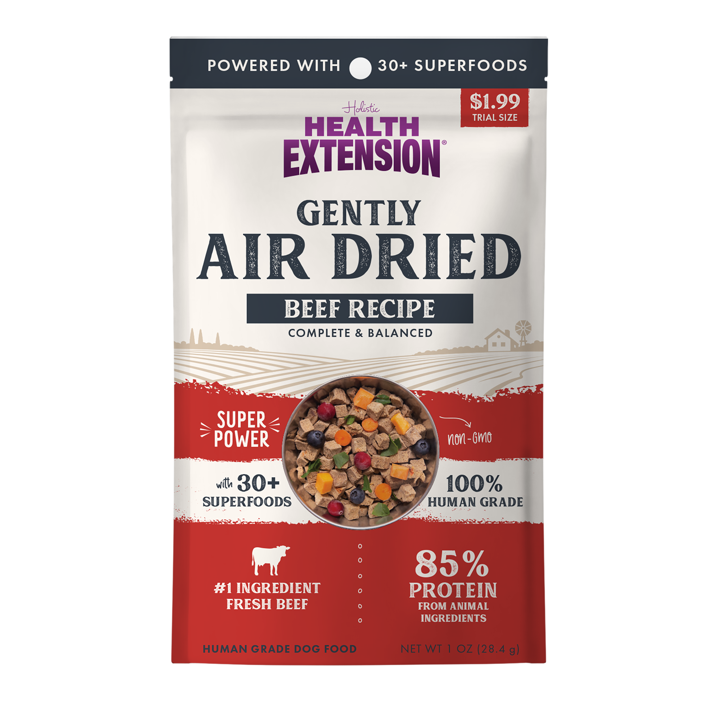 A bag of Health Extension Air Dried Complete Beef Recipe dog food, boasting 30+ superfoods, 85% animal protein, 100% human grade ingredients, and a front image showcasing the superfood blend.