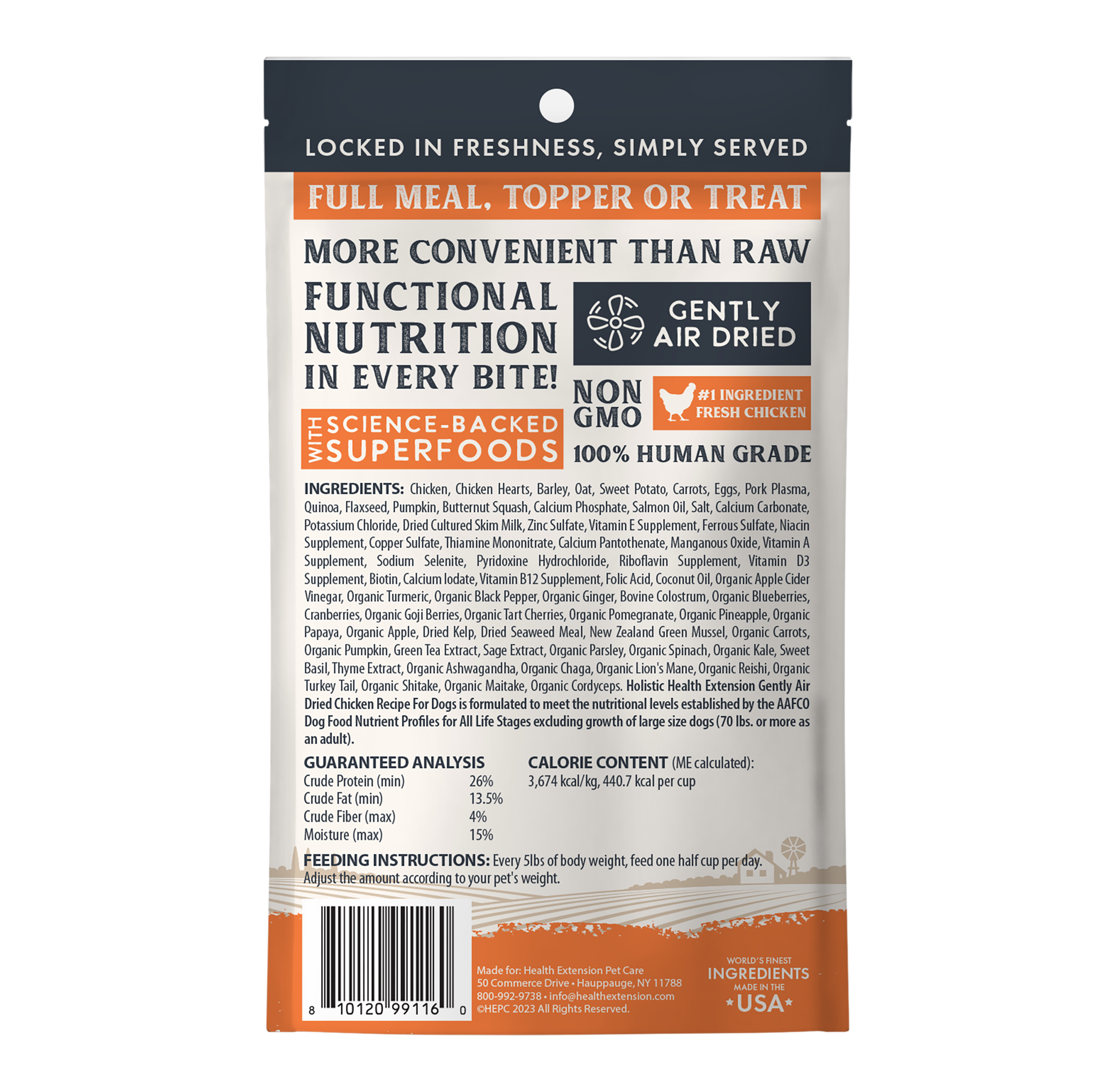 Nutritional info and feeding guide on Health Extension Chicken dog food for all dog stages.