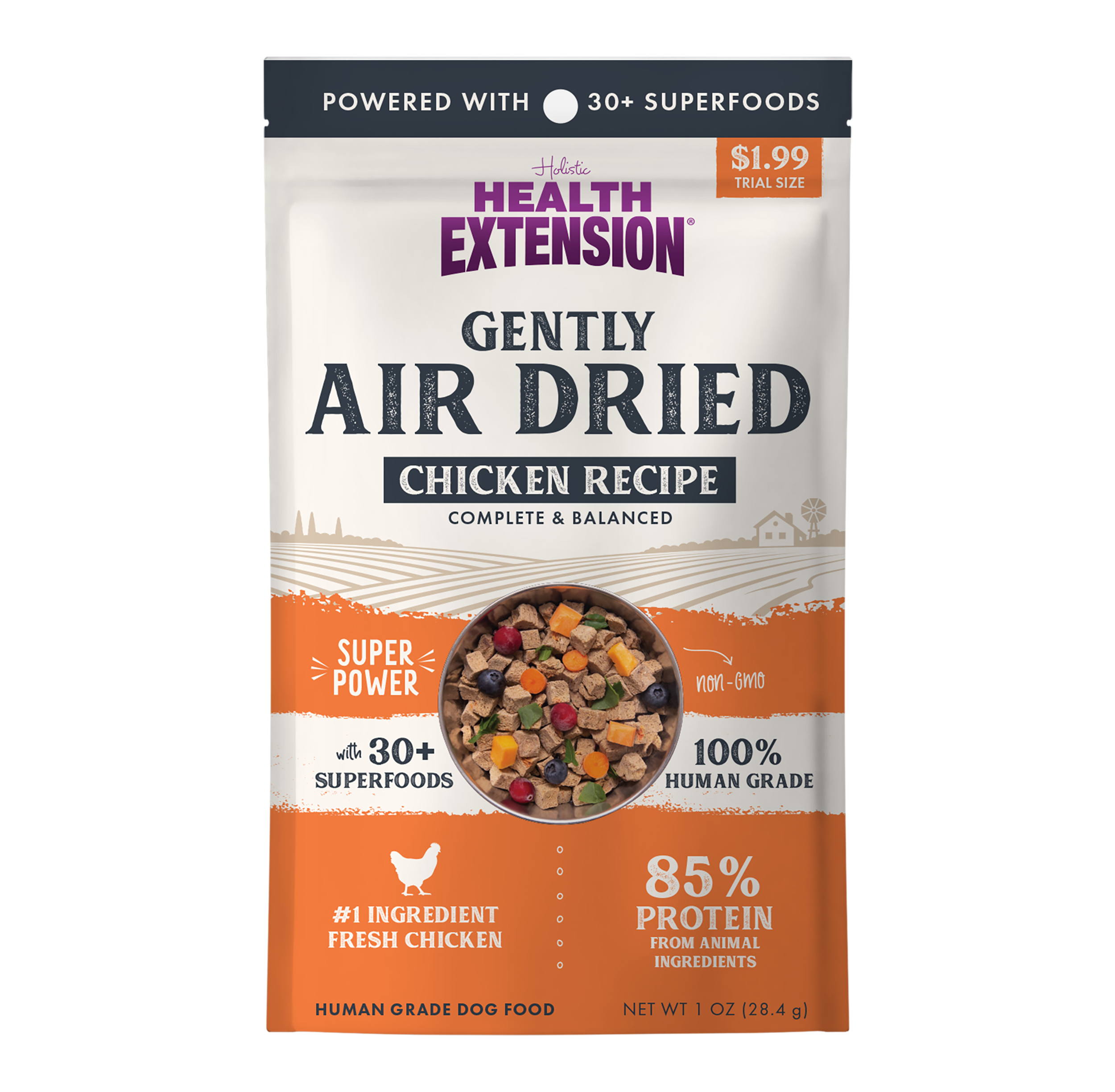 Health Extension Chicken dog food, with human-grade chicken and vegetables like pumpkin.