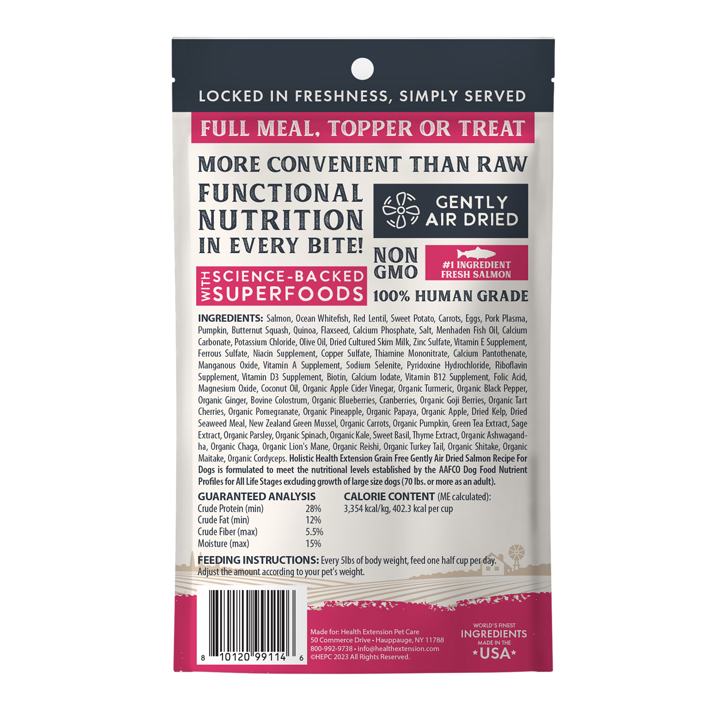 Ingredients and health benefits on Health Extension Salmon dog food, with superfoods for immunity.