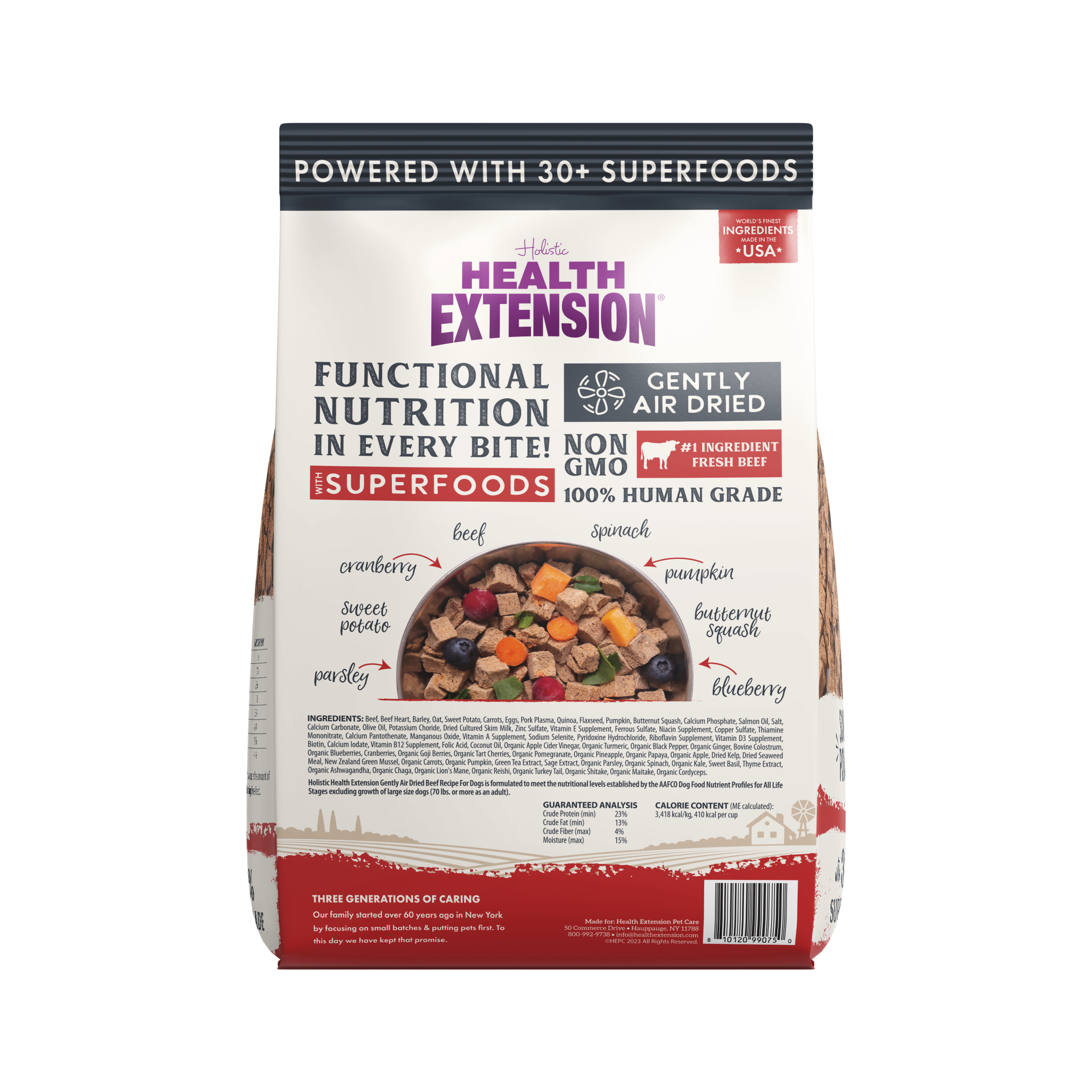 Back view of the Packaging of Health Extension Air Dried dog food featuring 30+ superfoods, Non-GMO, 100% Human Grade with key ingredients like beef, and a nod to the brand's family-owned, three-generation legacy.