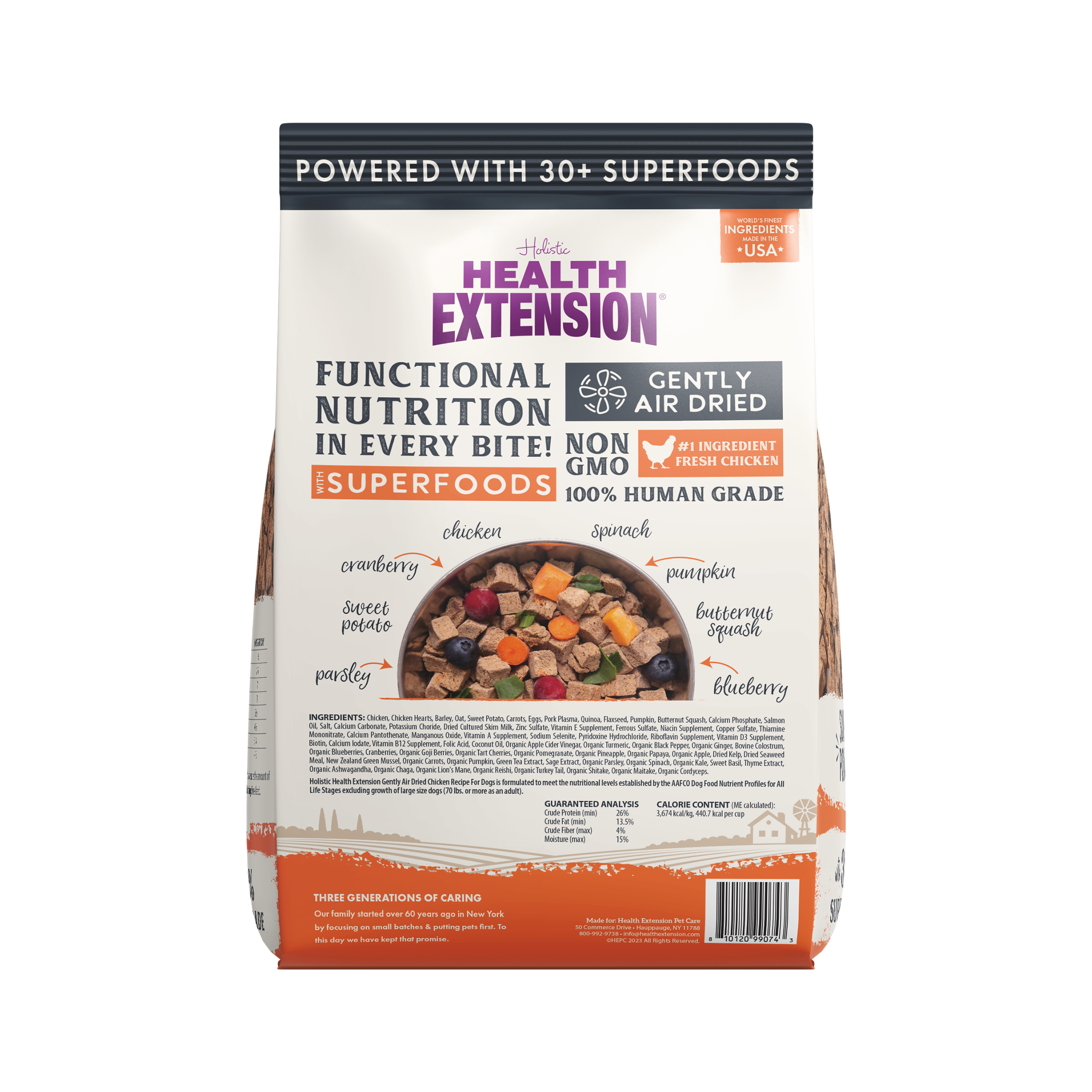 Back view of the Packaging of Health Extension Air Dried dog food featuring 30+ superfoods, Non-GMO, 100% Human Grade with key ingredients like chicken and cranberries highlighted, and a nod to the brand's family-owned, three-generation legacy.
