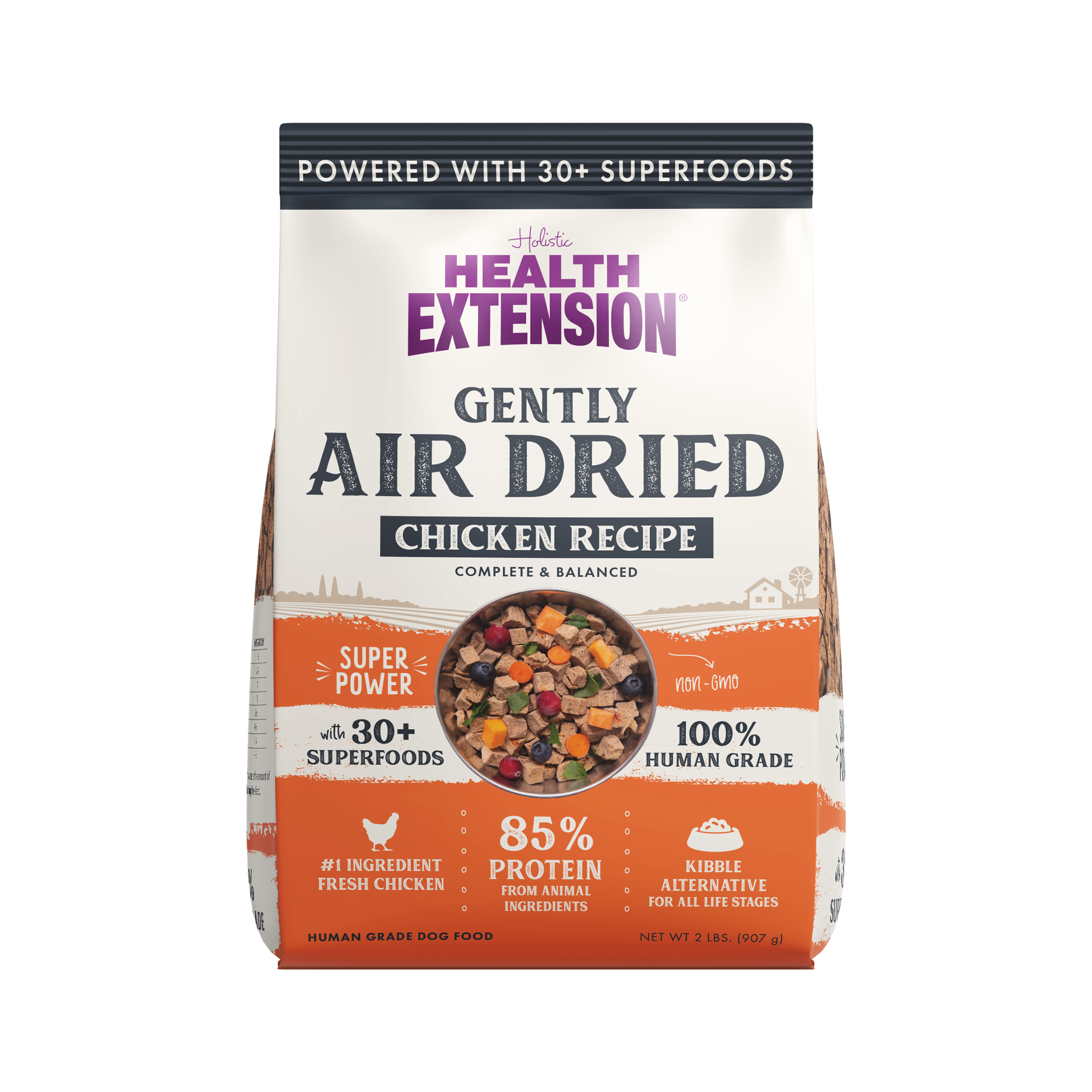 Packaging of Health Extension Gently Air Dried Chicken Recipe dog food, emphasizing key features such as being powered with over 30+ superfoods, containing 85% protein from animal ingredients, and being a 100% human-grade kibble alternative for all life stages. The front view shows the product name, a window displaying the air-dried food, and badges highlighting the #1 ingredient as fresh chicken, non-GMO, and suitable for all life stages.