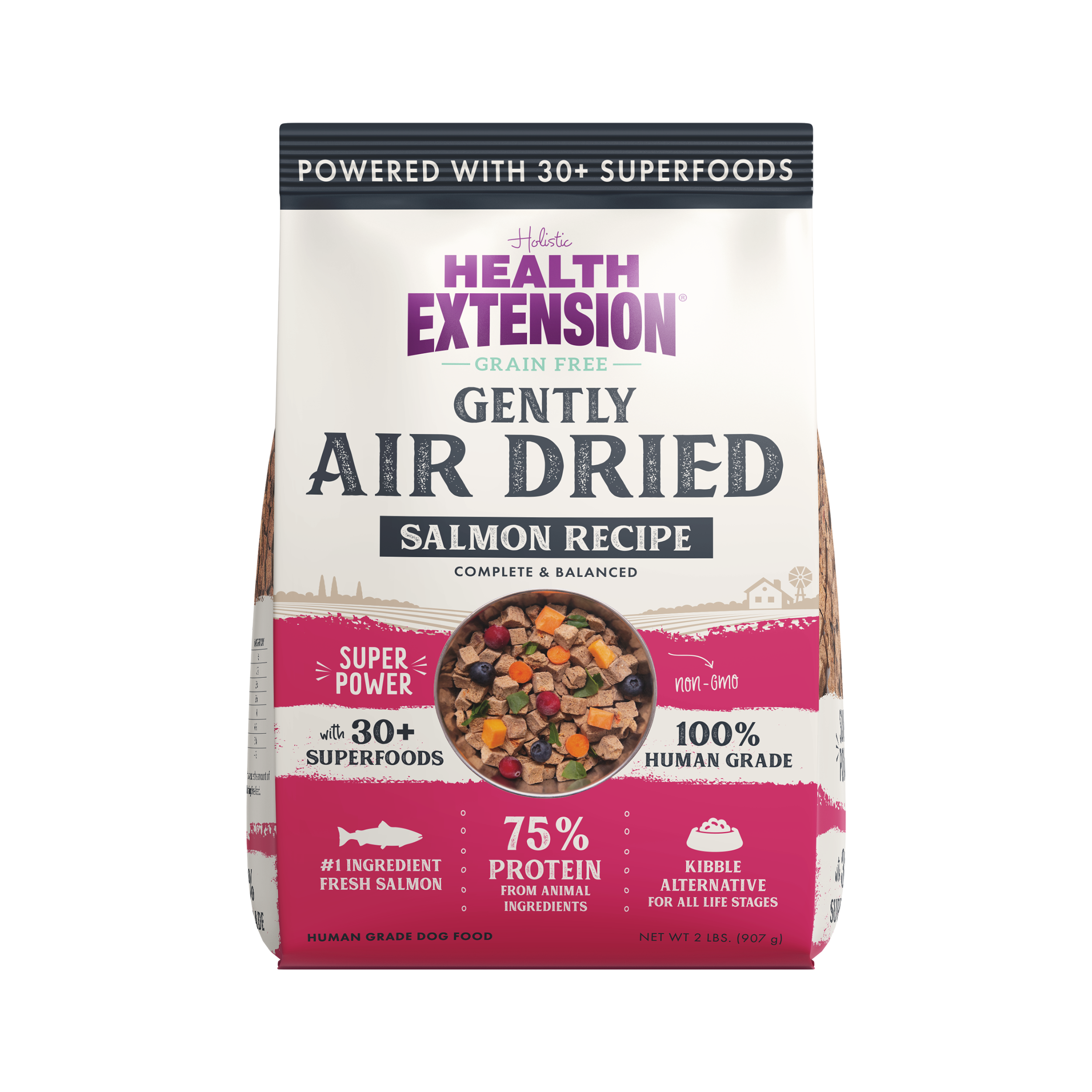 Health Extension Grain Free Gently Air Dried Salmon Recipe dog food packaging, highlighting 75% protein from animal ingredients, powered with over 30 superfoods, and 100% human grade.