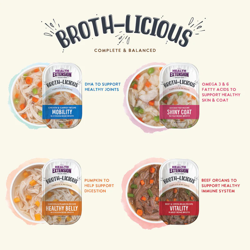 Three packs of Health Extension Broth-Licious Sampler Pack dog food are shown, including the Beef & Green Bean "Vitality" recipe. The adult variety pack overlaps, with packages featuring colorful vegetables on display.