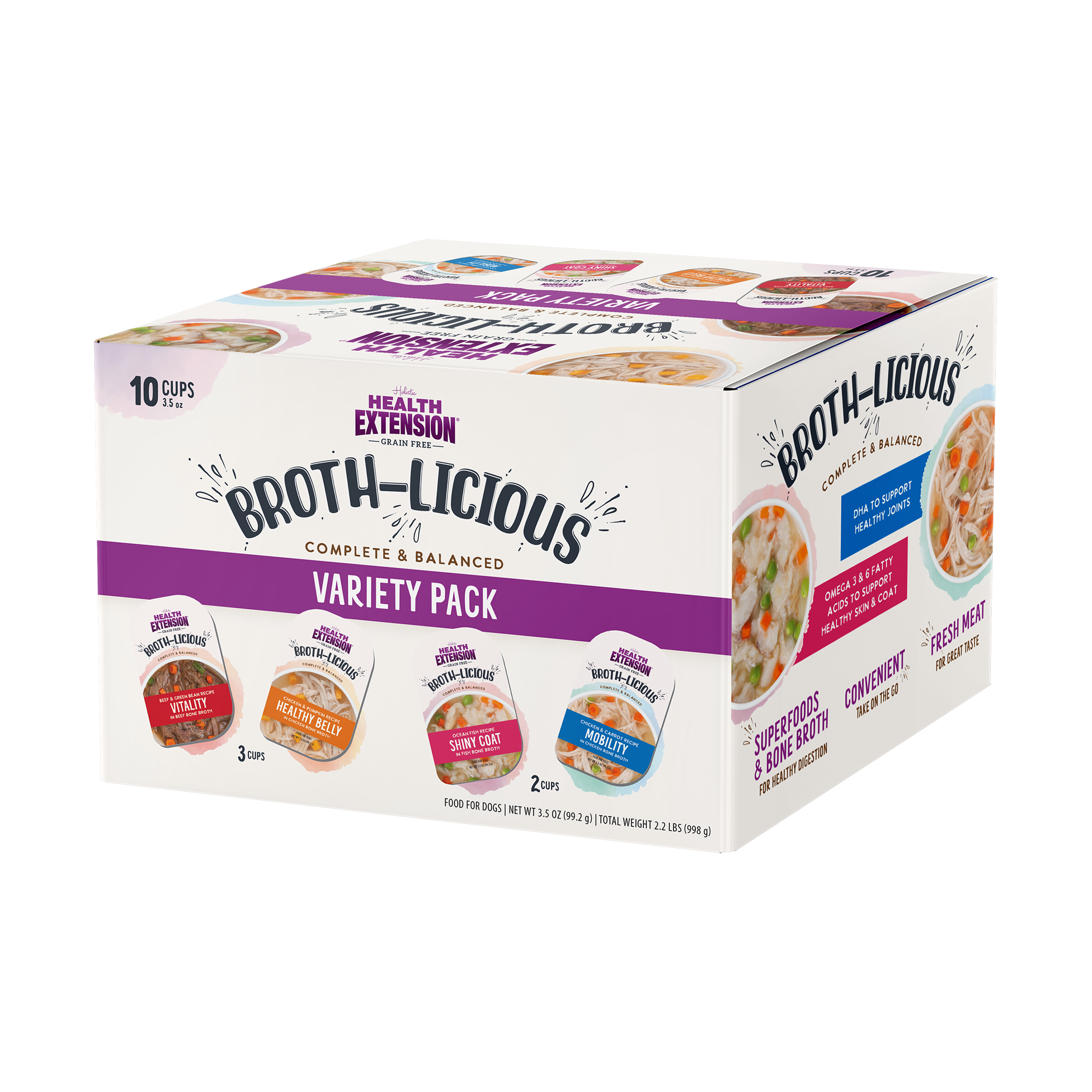 Four packs of Health Extension Broth-Licious Variety Pack for Adult Dogs, featuring trays labeled Beef & Green Bean Recipe Vitality in Beef Bone Broth with packaging showing a savory beef stew and vegetables.