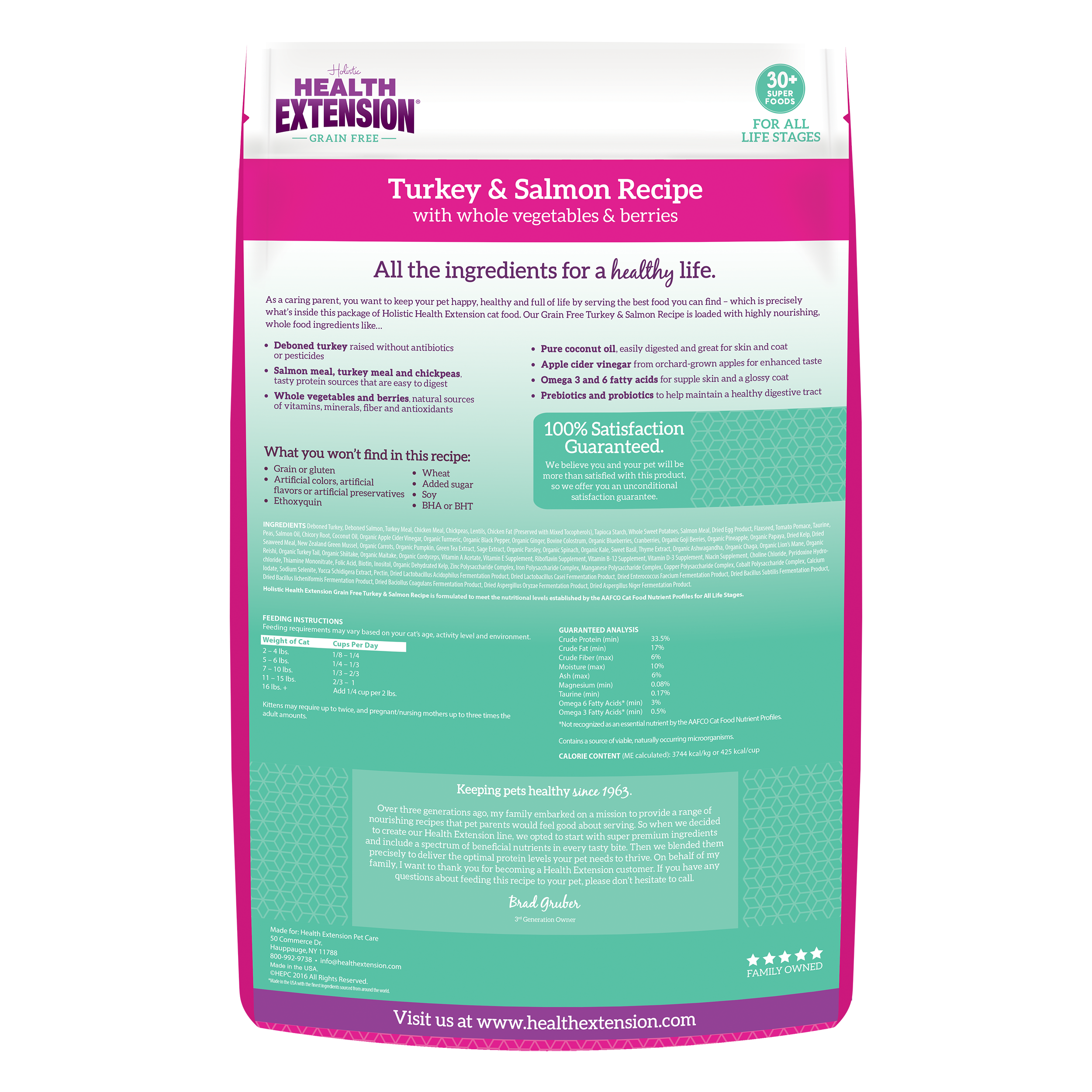 A bag of Health Extension Grain Free Turkey & Salmon Recipe dry cat food features a cat gazing upward at sunset; the pink and purple packaging with green accents showcases the benefits of this turkey and salmon formula.