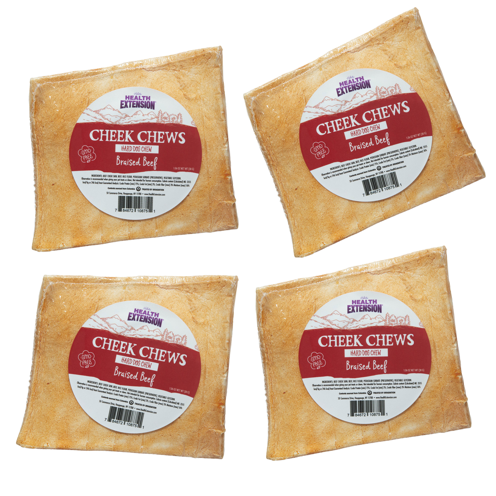 Four packs of Health Extension Cheek Chews in beef flavor.