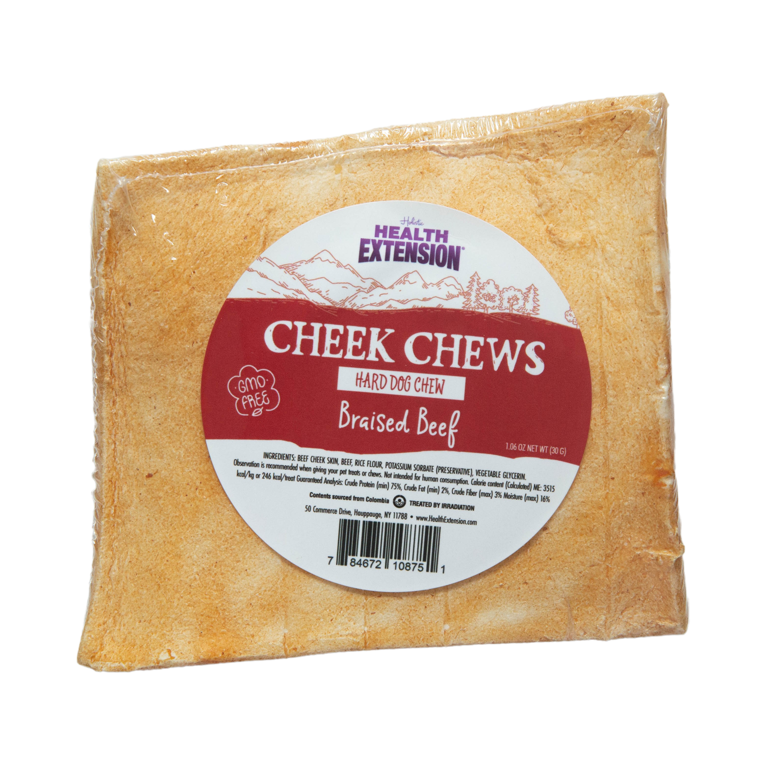 A package of Health Extension Cheek Chews beef flavored dog treats.