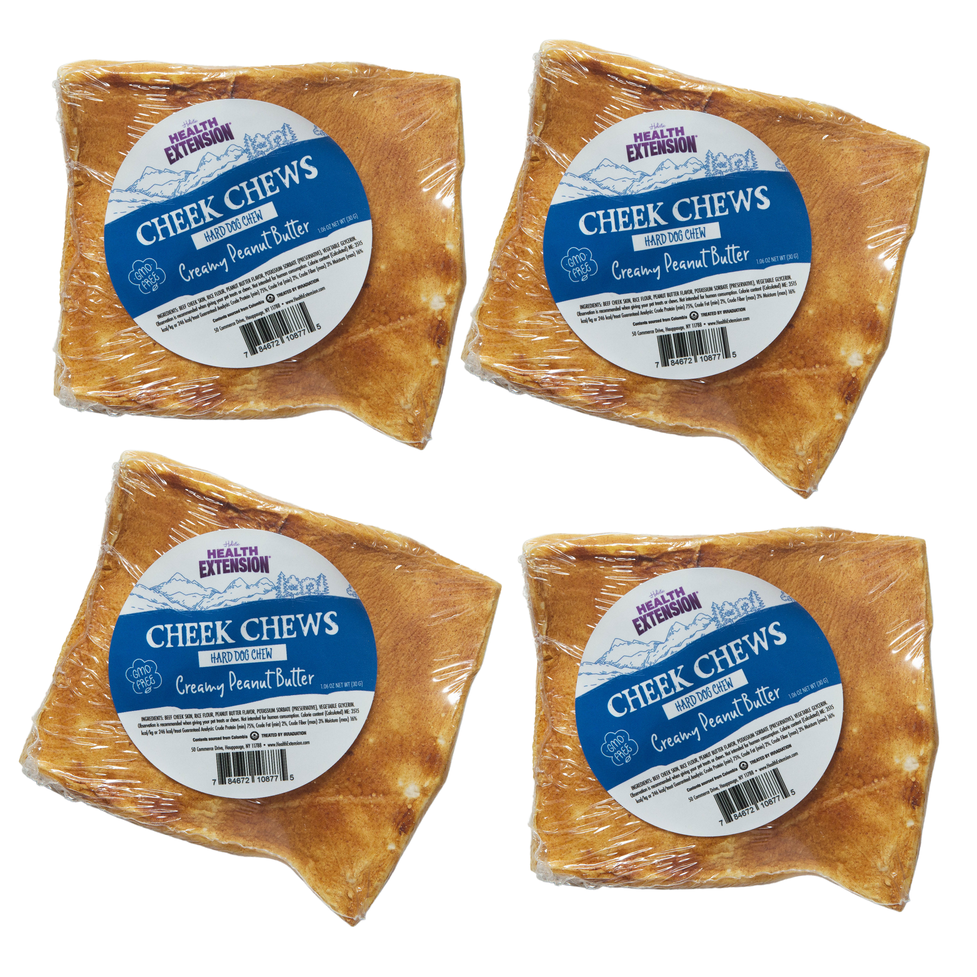 Health Extension Cheek Chew - Creamy Peanut Butter is a GMO-free dog chew treat, wrapped in plastic with a blue and white label.
