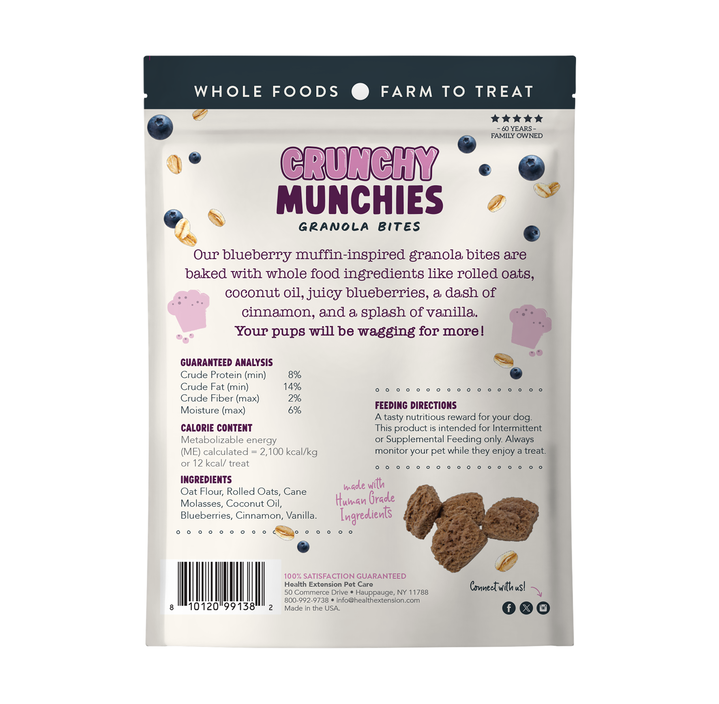 A promotional image for Health Extension Crunchy Munchies Granola Bites-Blueberry Ruffin features rolled oats, coconut oil, blueberries, cinnamon sticks, vanilla beans, and a vanilla flower. Text reads: So tasty you’ll want to munch on these dog treats too!.