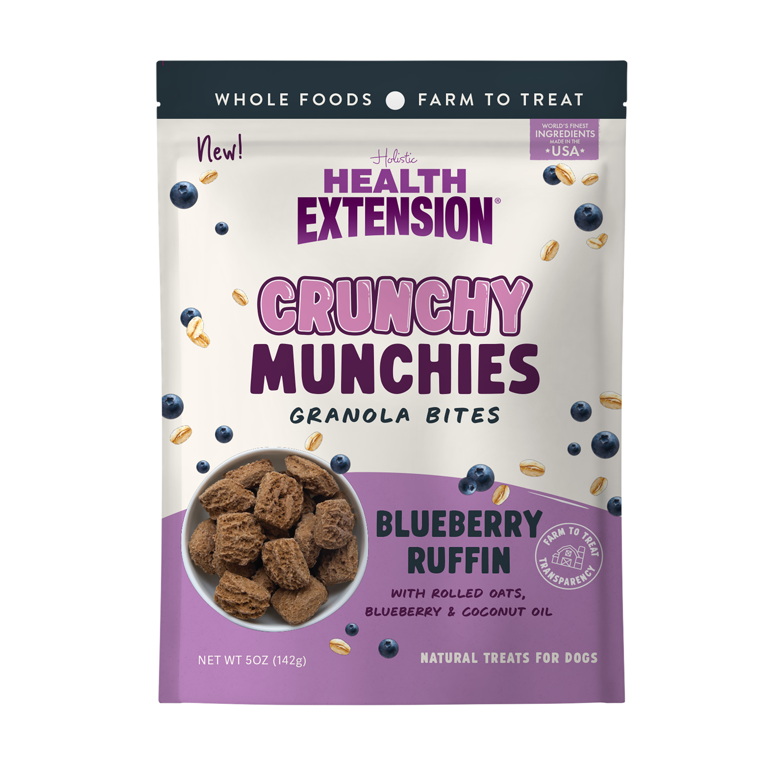 The Health Extension Crunchy Munchies Variety Pack features three bags of wholesome, human-grade dog treats in Peanutty Squares, Blueberry Ruffin, and Appley Crisp flavors, each made with natural ingredients and fun shapes.