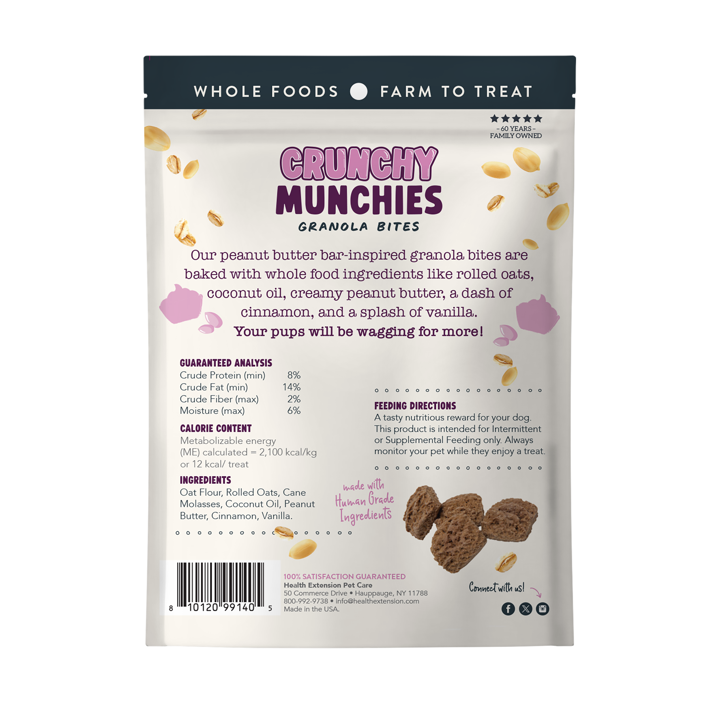 Health Extension Crunchy Munchies Granola Bites-Peanutty Squares are made with rolled oats, coconut oil, peanut butter, cinnamon sticks, and vanilla beans for a tasty dog treat of human-grade quality.