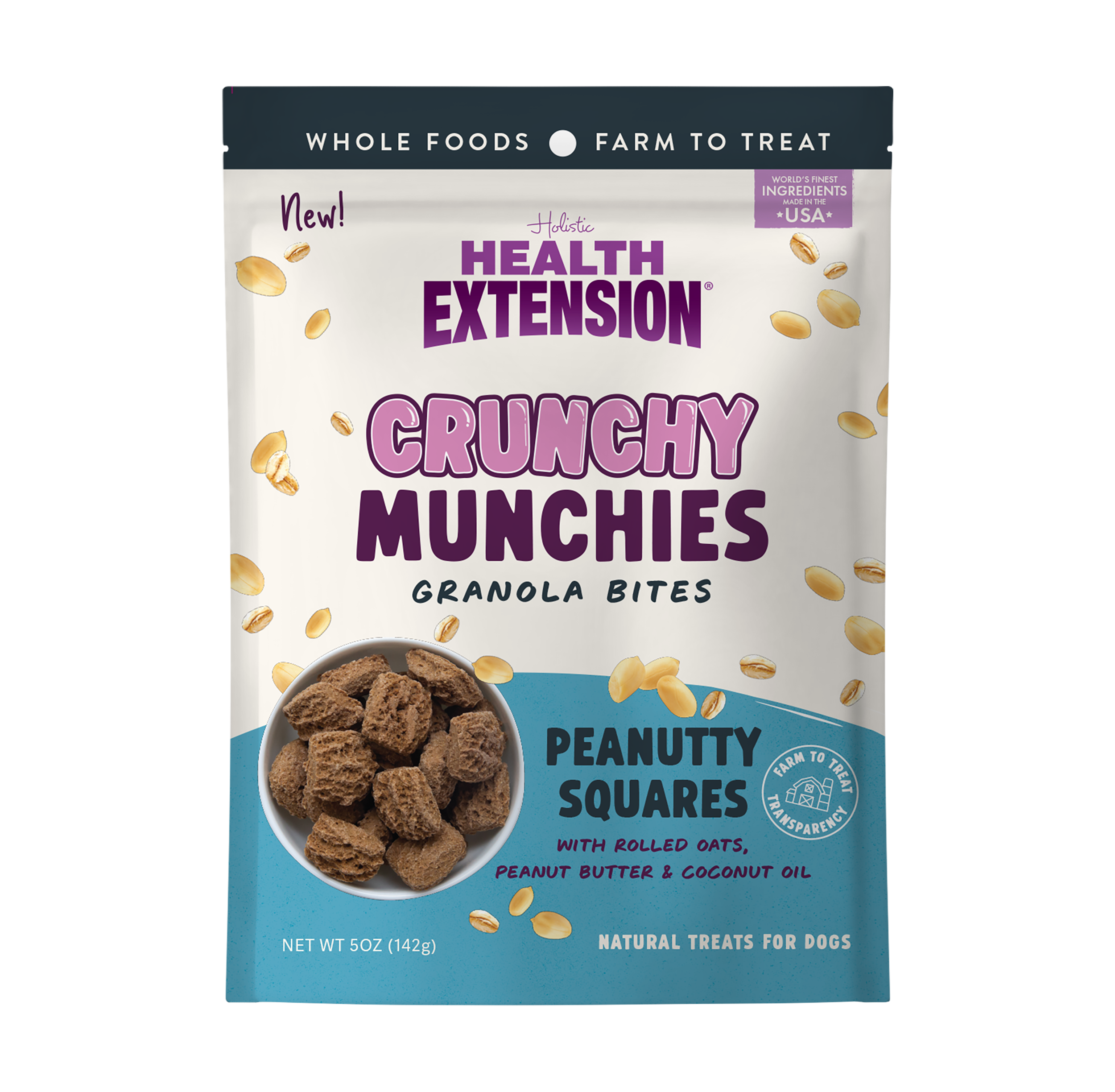 Health Extension Crunchy Munchies Granola Bites-Peanutty Squares are made with rolled oats, coconut oil, peanut butter, cinnamon sticks, and vanilla beans for a tasty dog treat of human-grade quality.