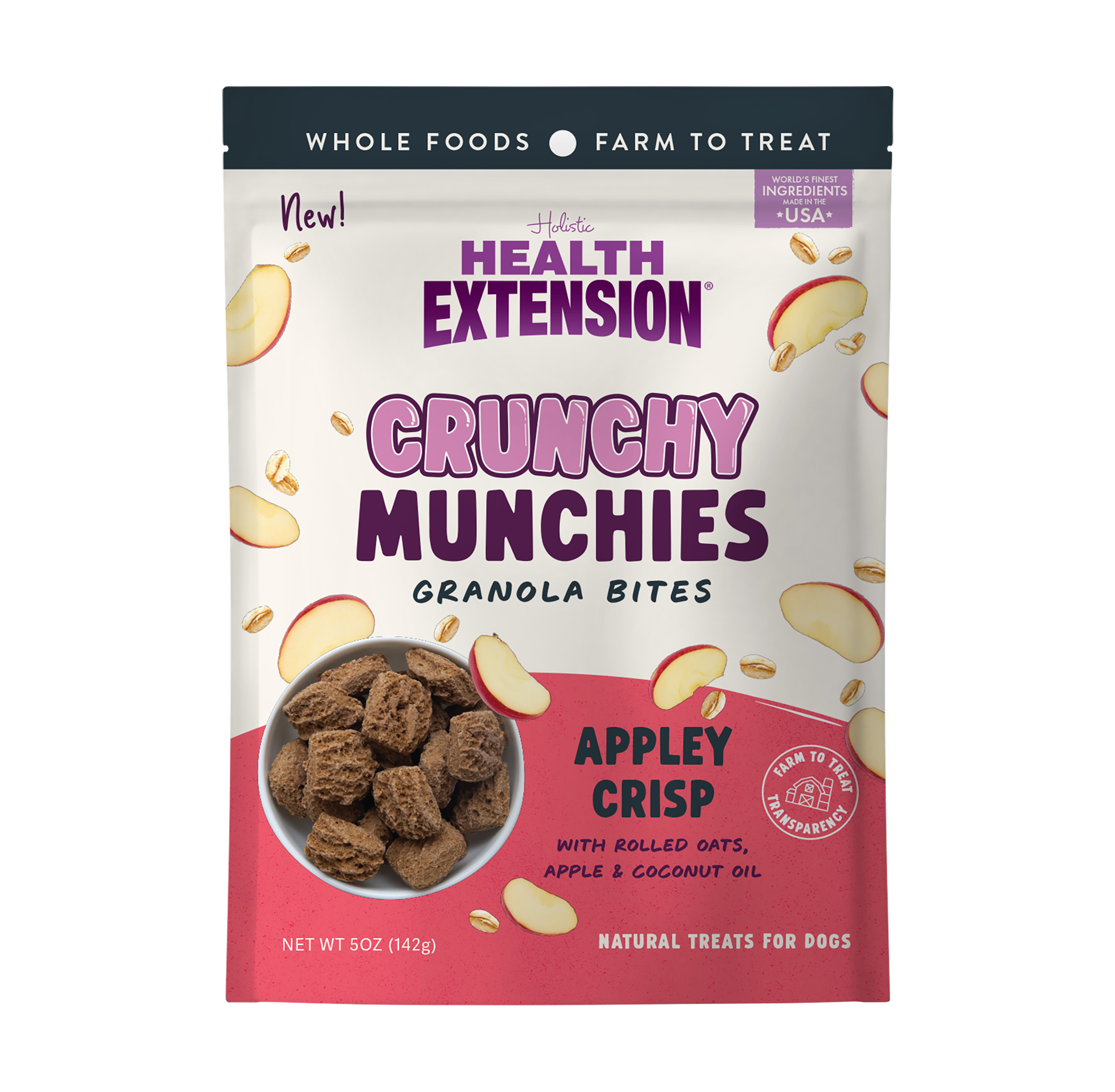 The Health Extension Crunchy Munchies Variety Pack features three bags of wholesome, human-grade dog treats in Peanutty Squares, Blueberry Ruffin, and Appley Crisp flavors, each made with natural ingredients and fun shapes.