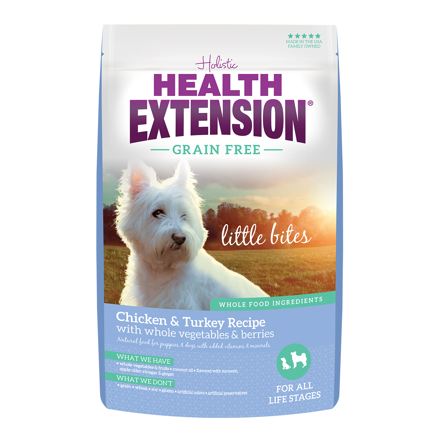 A package of Health Extension Grain Free Little Bites dog food with a chicken and turkey recipe, which includes whole vegetables and berries. 