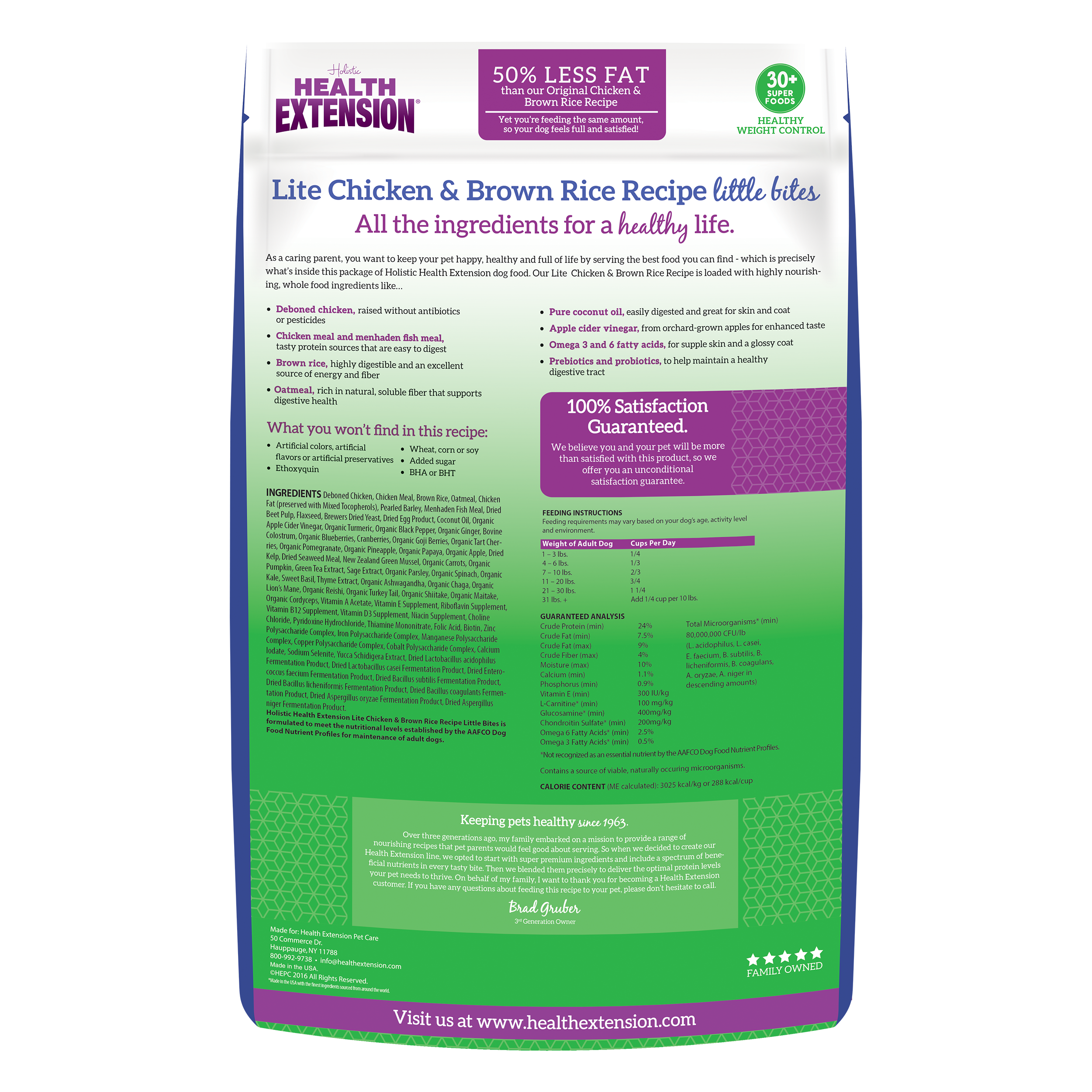 A bag of Health Extension Little Bites Lite Chicken & Brown Rice Recipe for adult dogs, featuring 50% less fat and 30+ superfoods, with packaging showing a happy beige dog.
